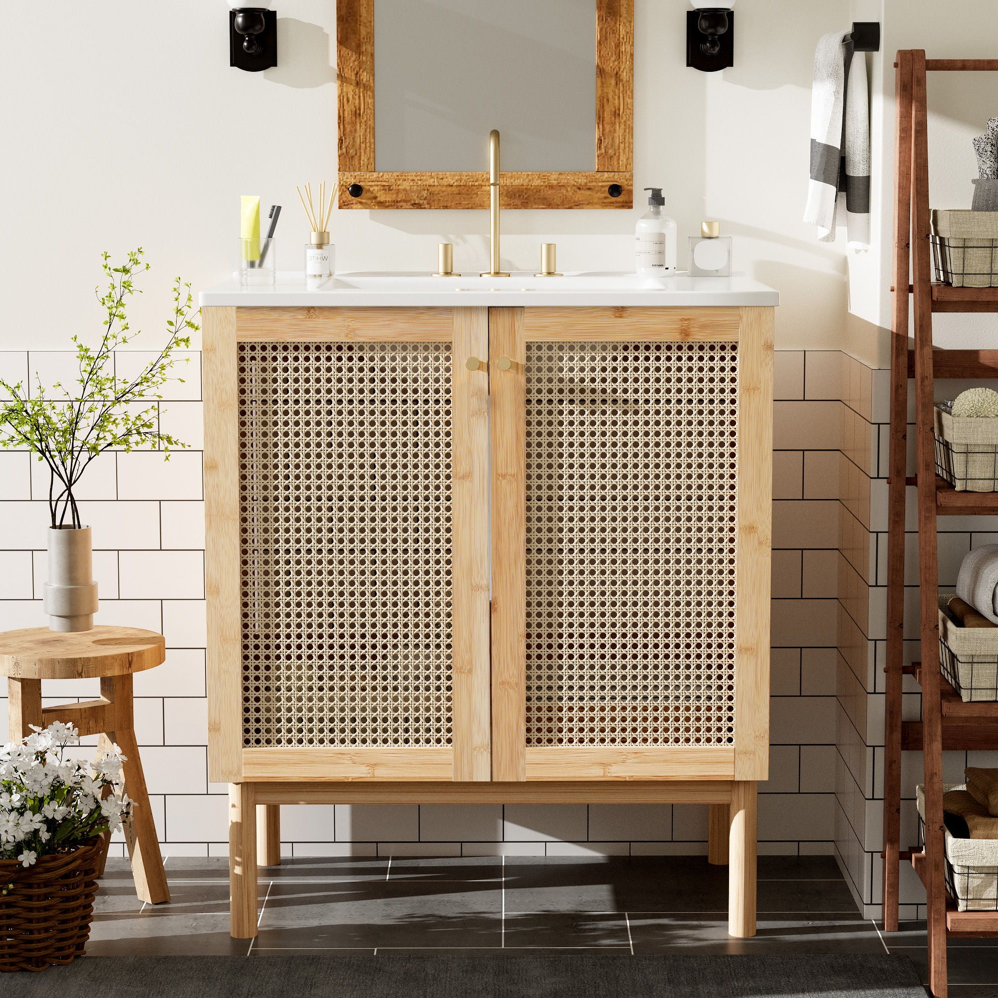 Bathroom Vanity Crafted From Natural Materials, Featuring Handmade Rattan Doors And Soft-Closing Mechanisms - Light Brown