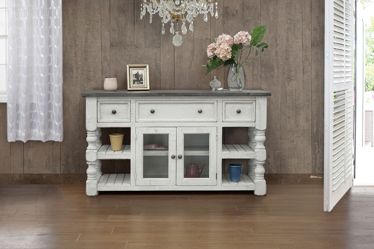 Open Shelving Distressed, TV Stand - Ivory