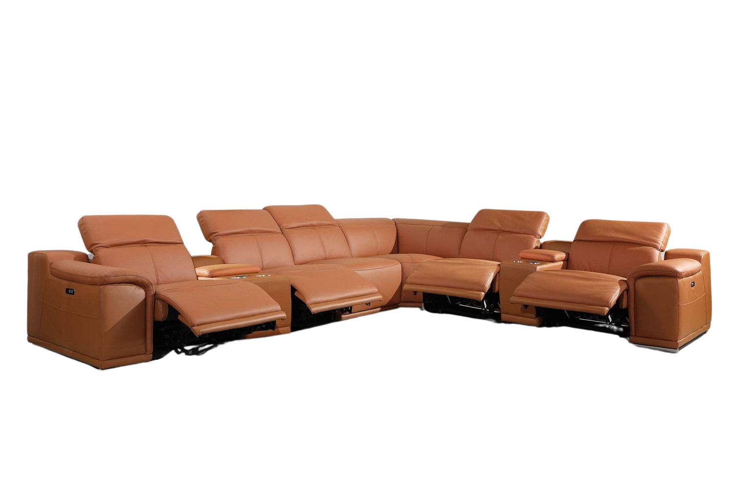 Power Reclining Italian Leather U Shaped Eight Piece Corner Sectional With Console - Camel