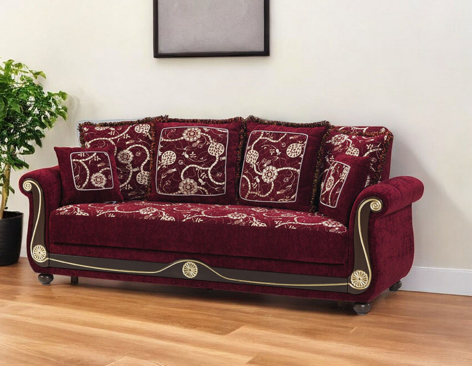 Chenille Paisley Sleeper Sofa And Toss Pillows - Burgundy