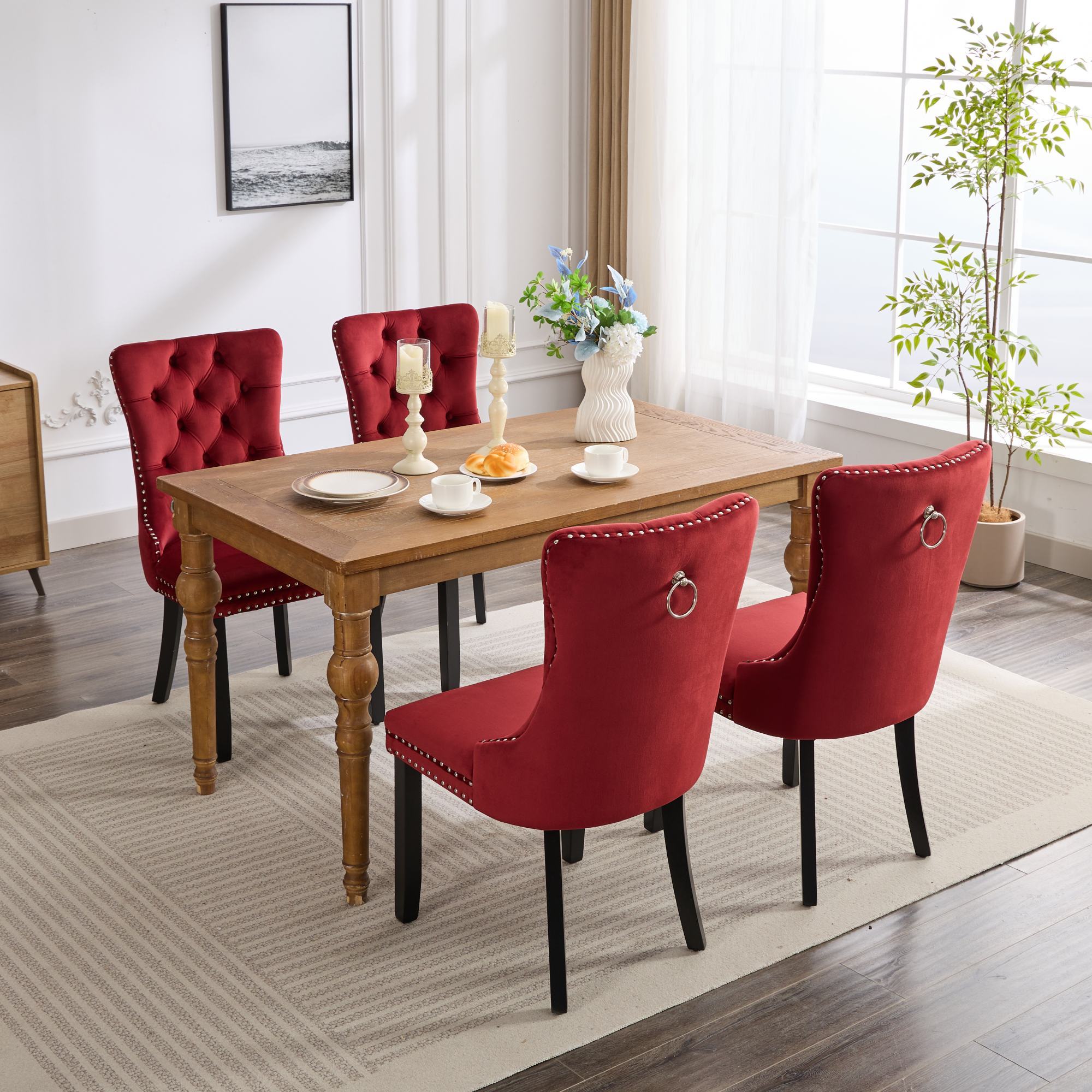 Classic Velvet Dining Chairs, High-End Tufted Solid Wood Contemporary Velvet Upholstered Dining Chair With Wood Legs Nailhead (Set of 2) - Burgundy