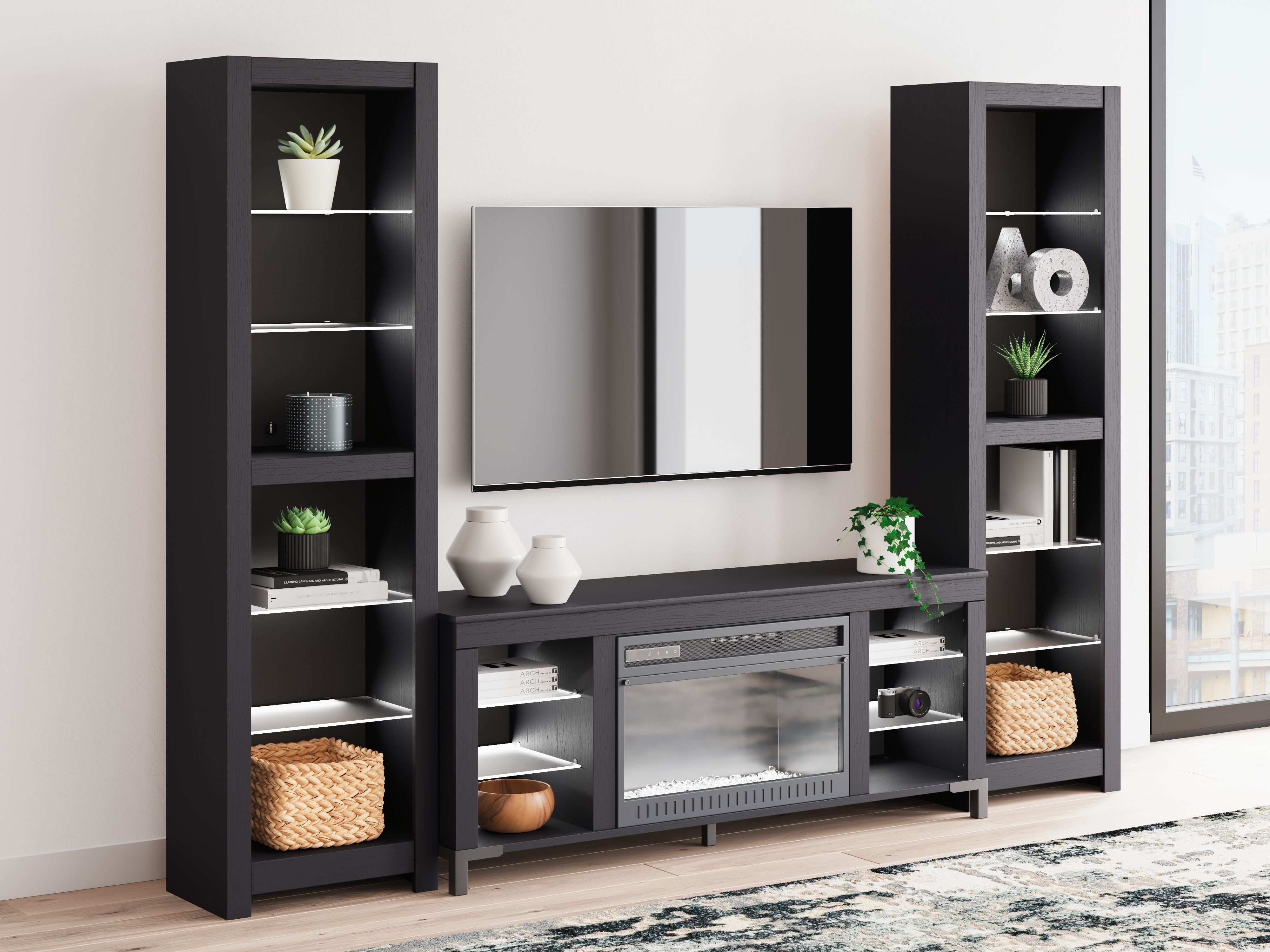 Cayberry - Black - 3-Piece Entertainment Center With Electric Fireplace