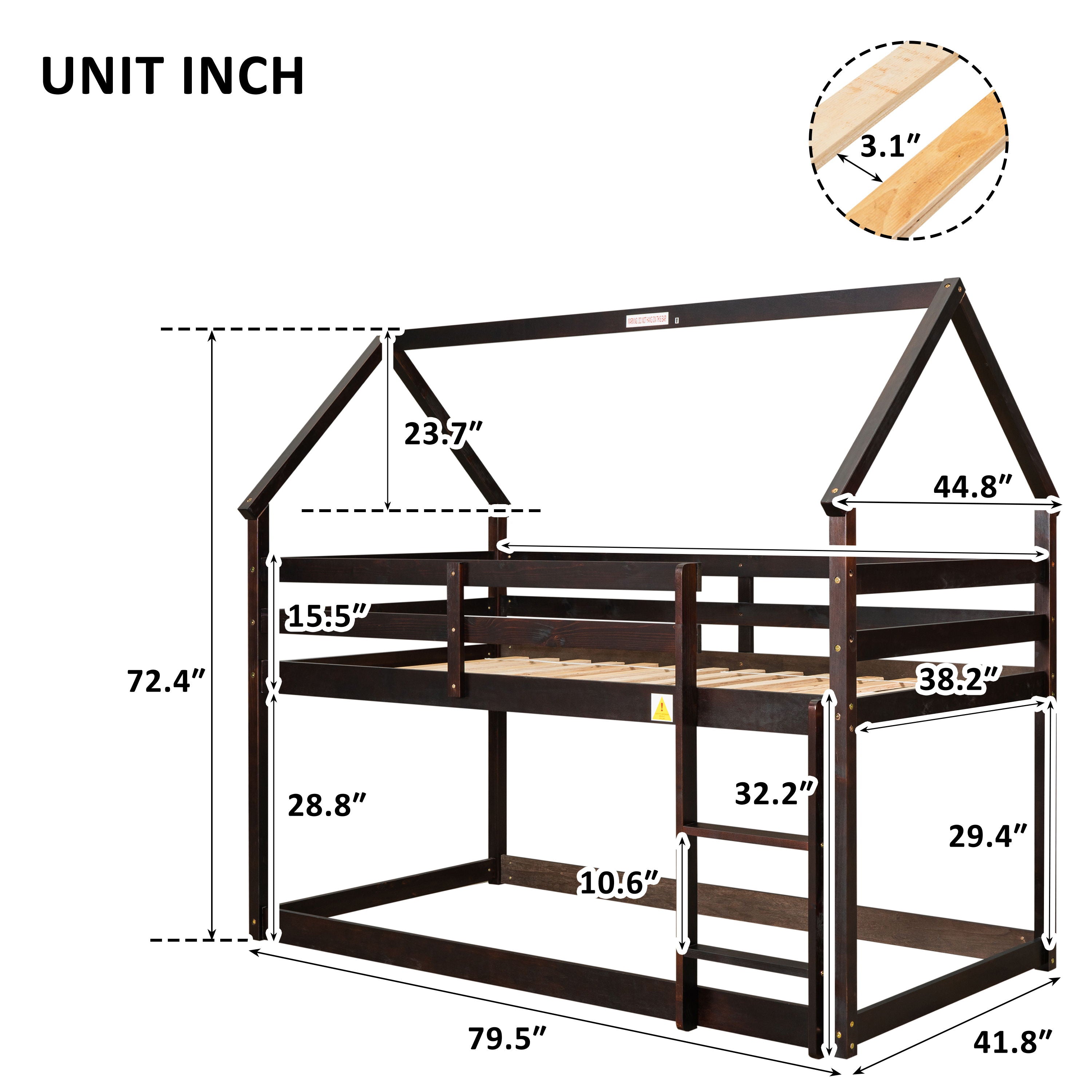 Twin Over Twin Loft Bed With Roof Design, Safety Guardrail, Ladder