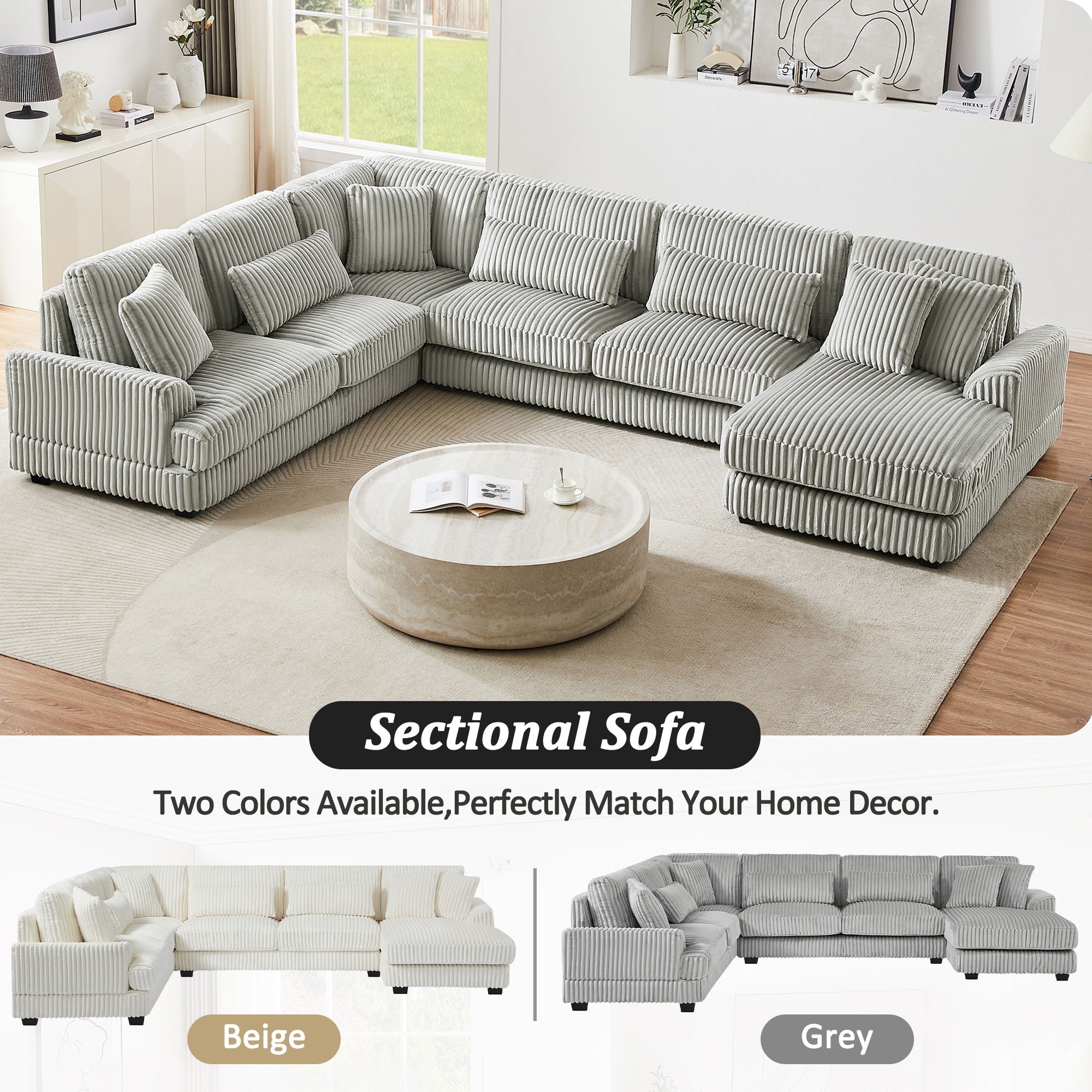 Oversized Sectional Sofa U - Shaped Sofa Couch Modern Sofa Upholstered In Soft Corduroy With A Chaise Lounge For Living Room