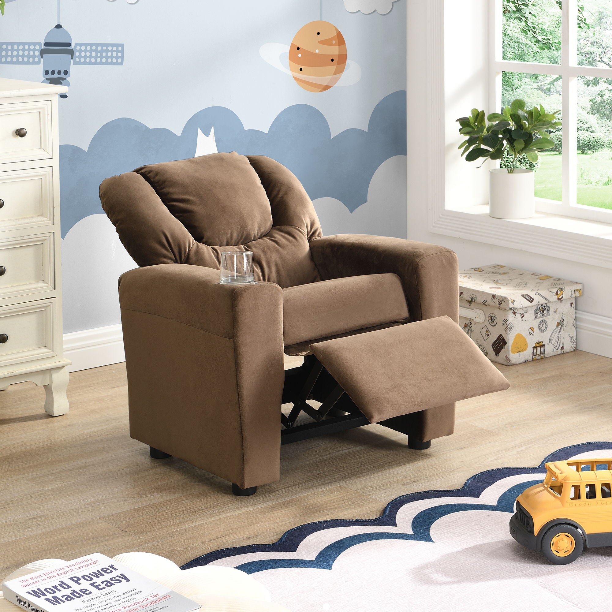 Kids Recliner Chair, Kids Upholstered Couch With One Cup Holder, Toddlers Recliner With Headrest And Footrest - Brown