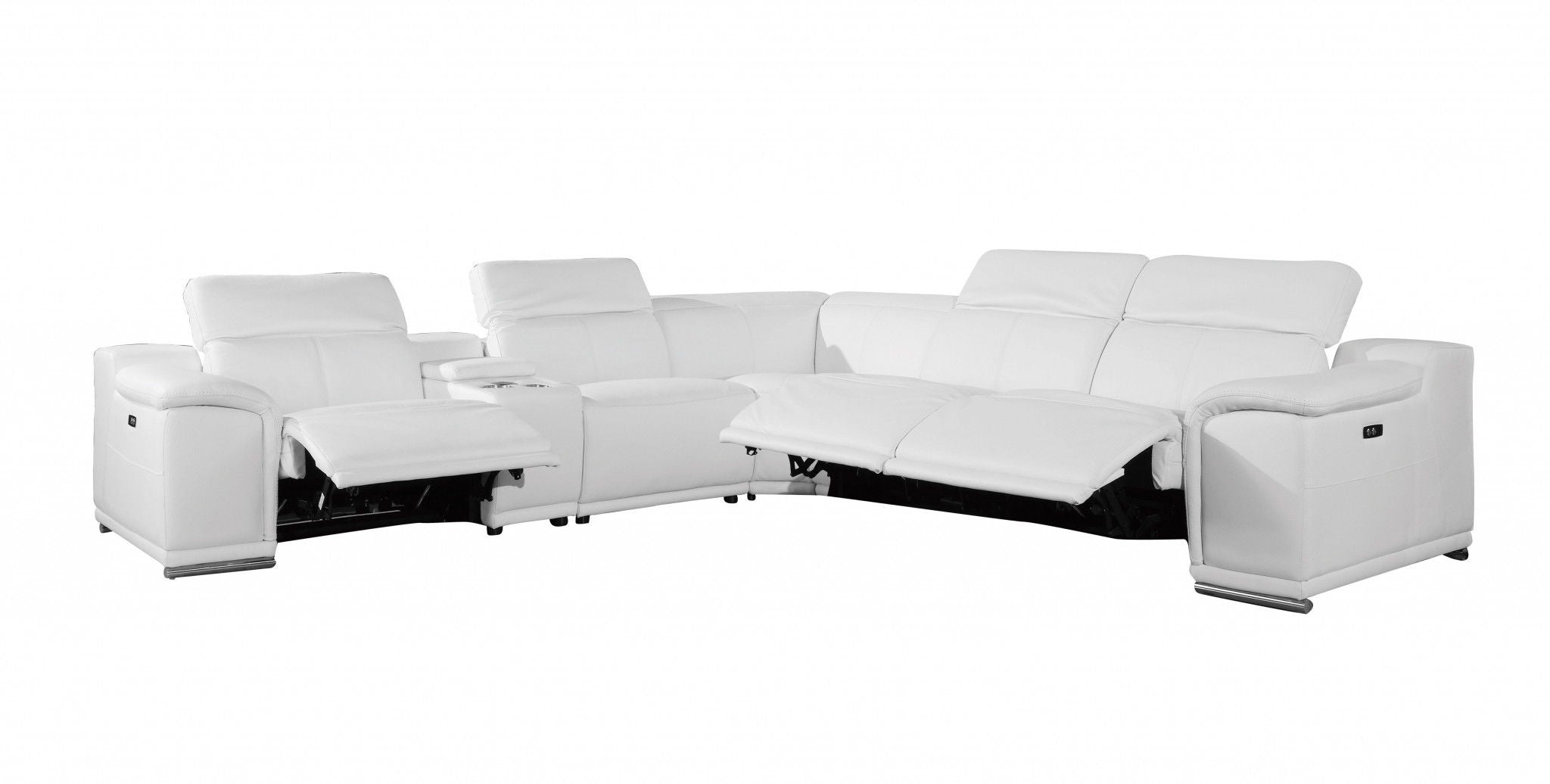 Italian Leather Power Reclining U Shaped Six Piece Corner Sectional With Console - White