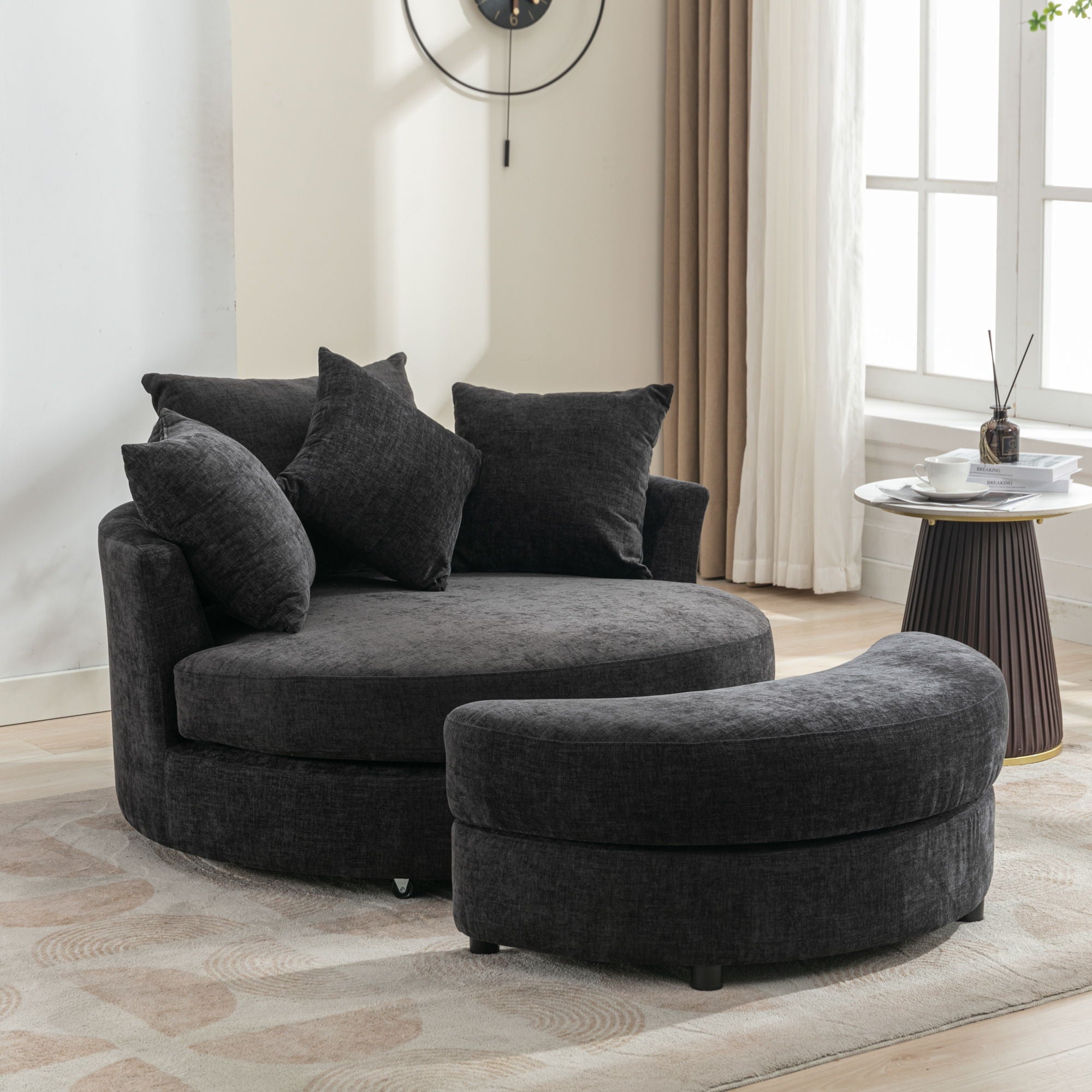 360° Swivel Accent Barrel Chair With Storage Ottoman & 4 Pillows, Modern Chenille Leisure Chair Round Accent For Living Room