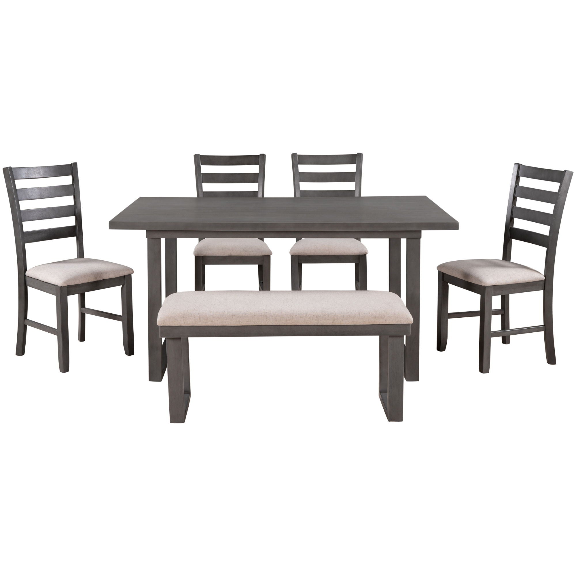 6 Pieces Family Furniture, Solid Wood Dining Room Set With Rectangular Table & 4 Chairs With Bench - Gray