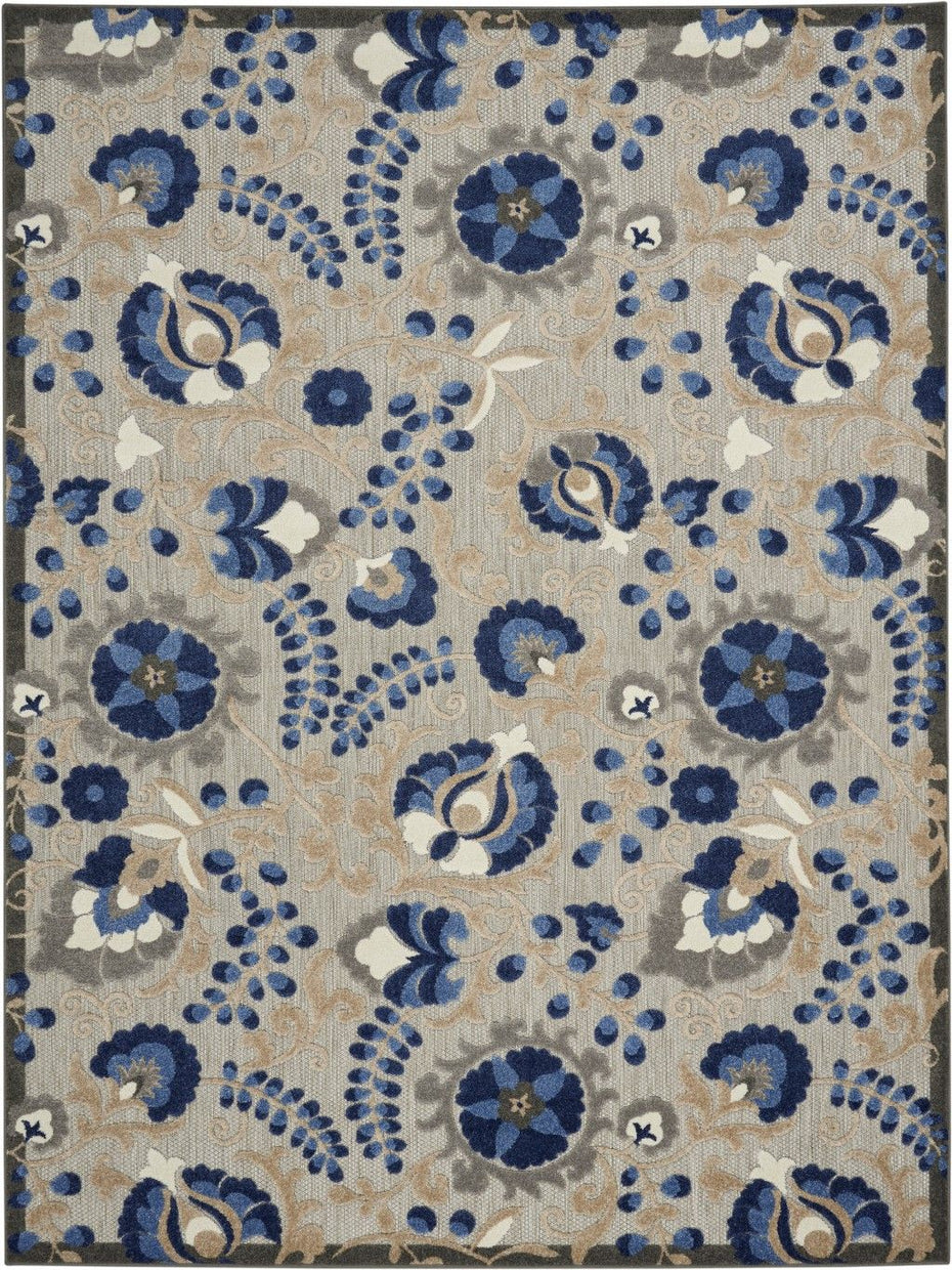 7' X 10' Floral Outdoor & Indoor Area Rug - Blue / Gray