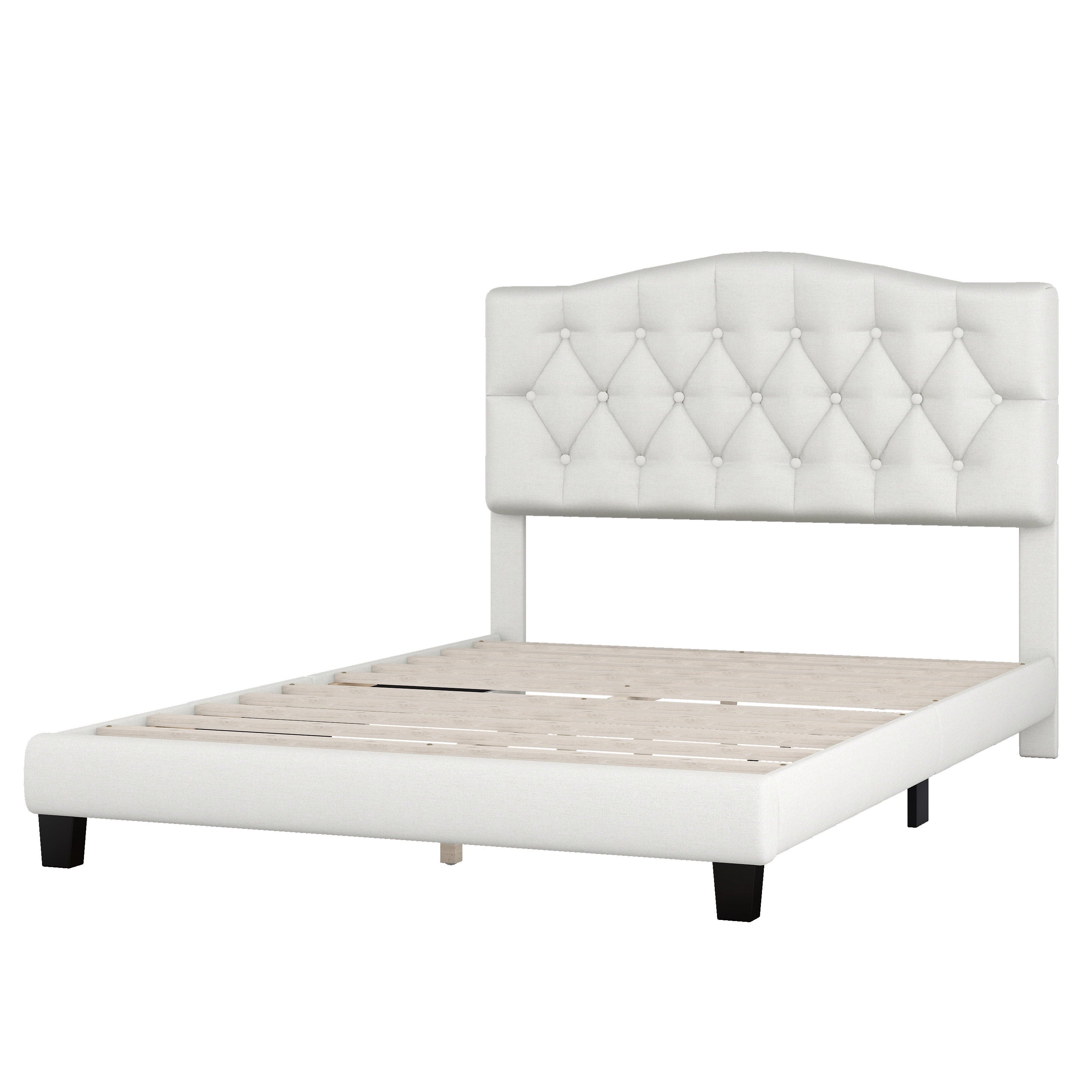 Full Upholstered Platform Bed With Saddle Curved Headboard And Diamond Tufted Details - Beige