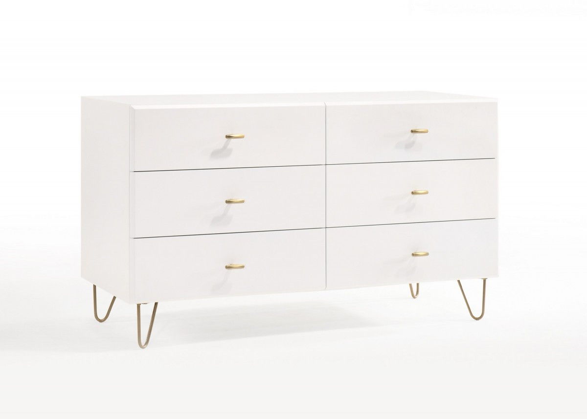 Six Drawer Wood Double Dresser - White