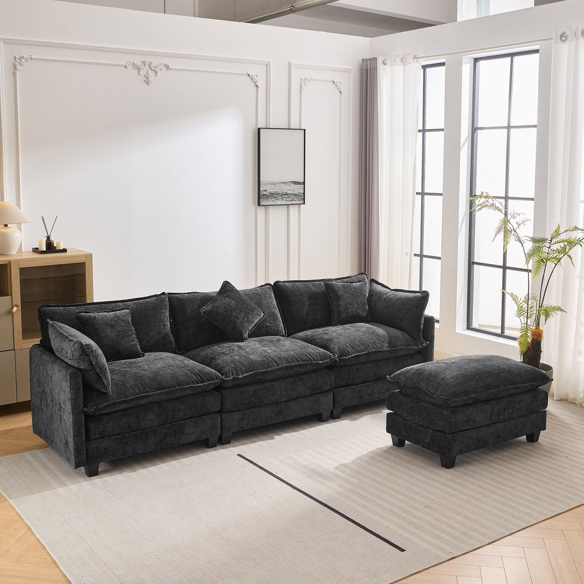 L-Shape Chenille Upholstered Sofa For Living Room Modern Luxury Sofa Couch With Ottoman And 5 Pillows For Living Room