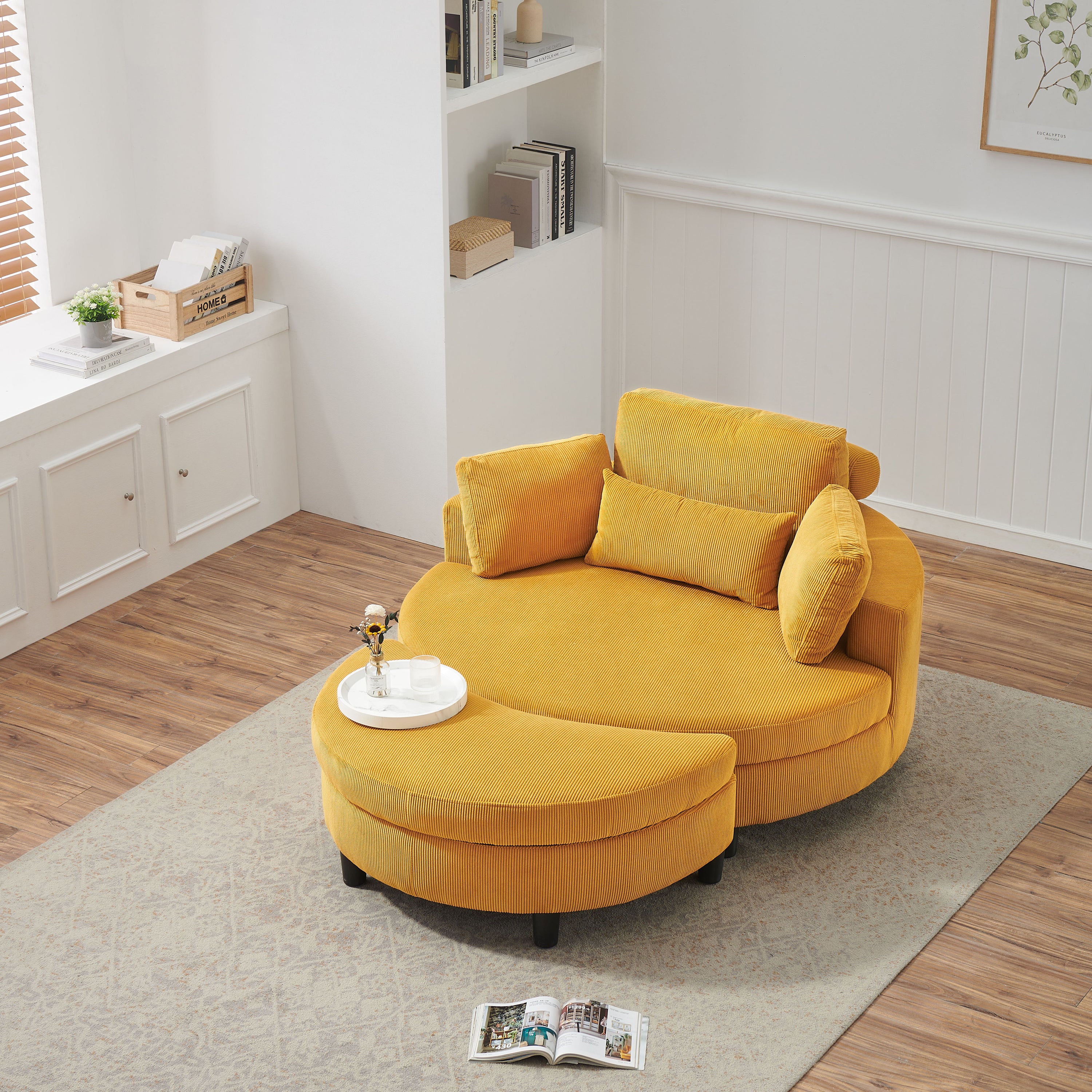 Corduroy Sofa With Two Throw Pillows And A Waist Pillow With An Extra Tray For Comfortable Seating In Small Apartment Bedrooms