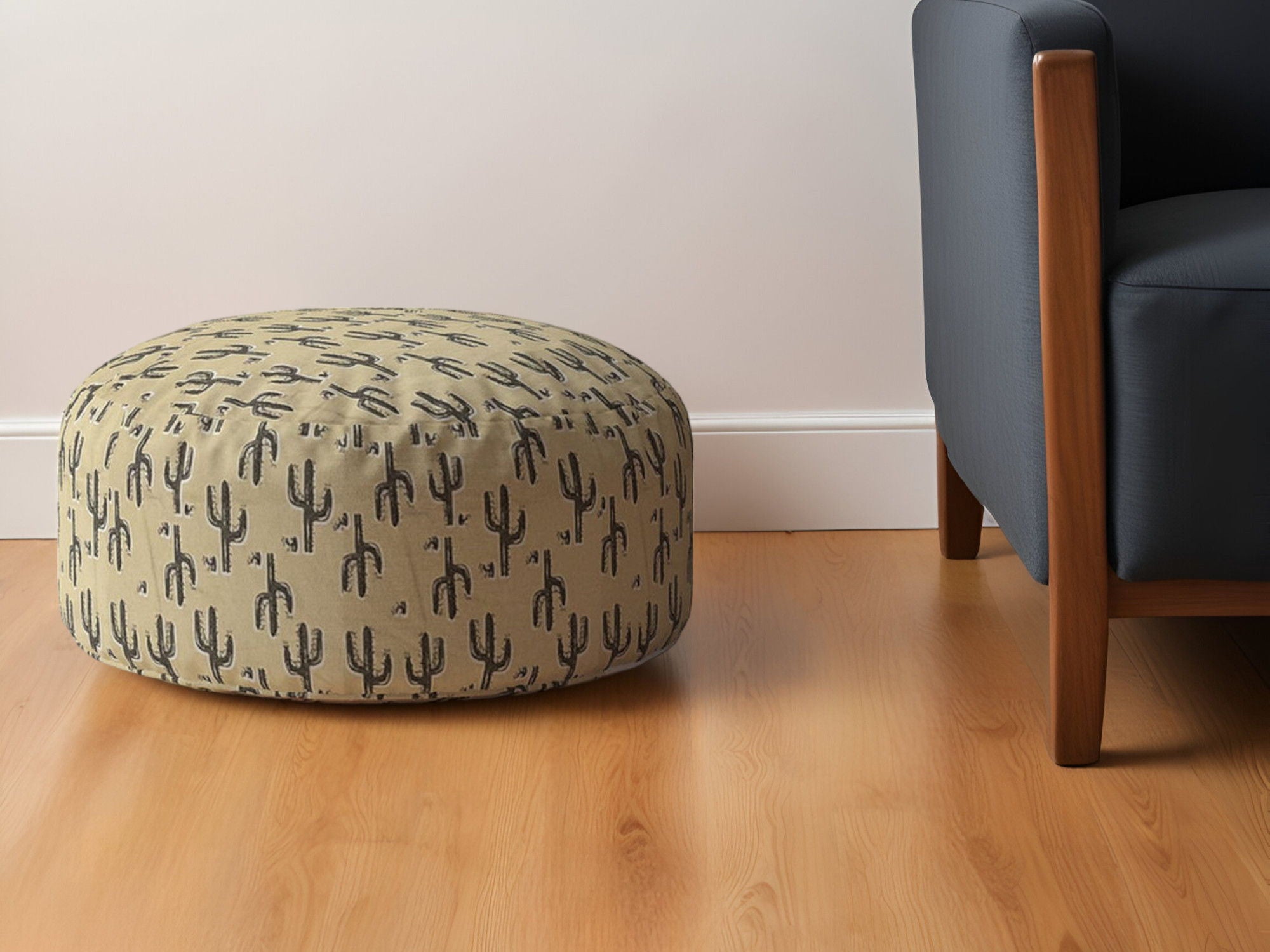 Cotton Round Floral Pouf Ottoman - Beige