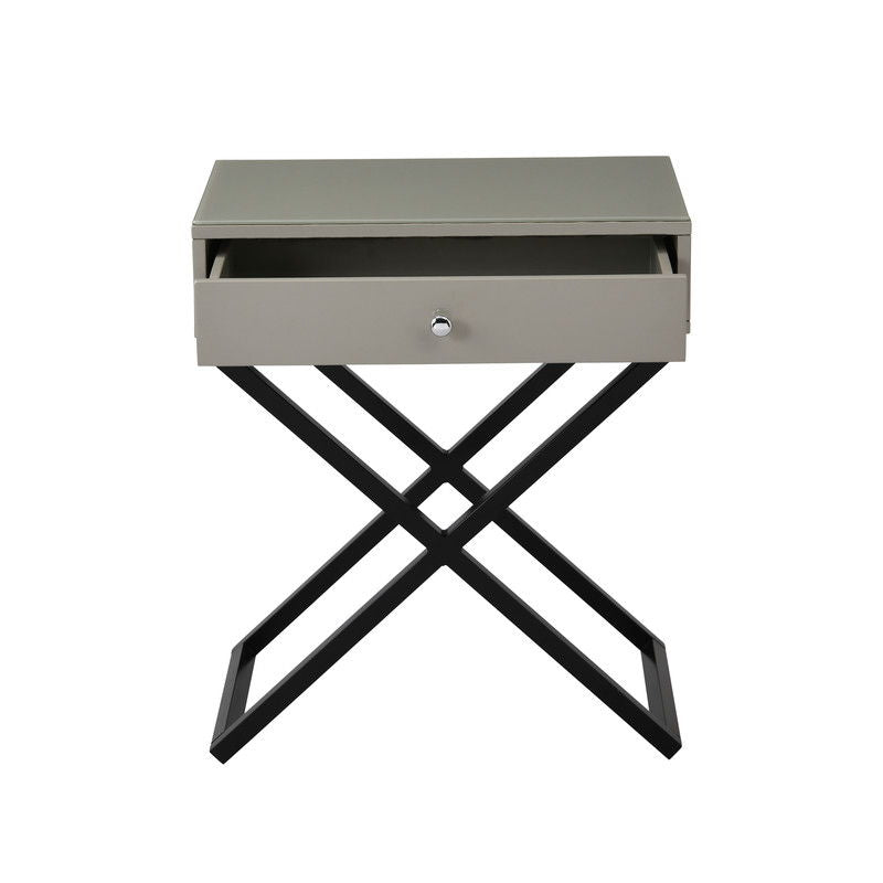 Koda - Wooden End Side Table Nightstand With Glass Top, Drawer And Metal Cross Base by Lilola Home | Bel Furniture