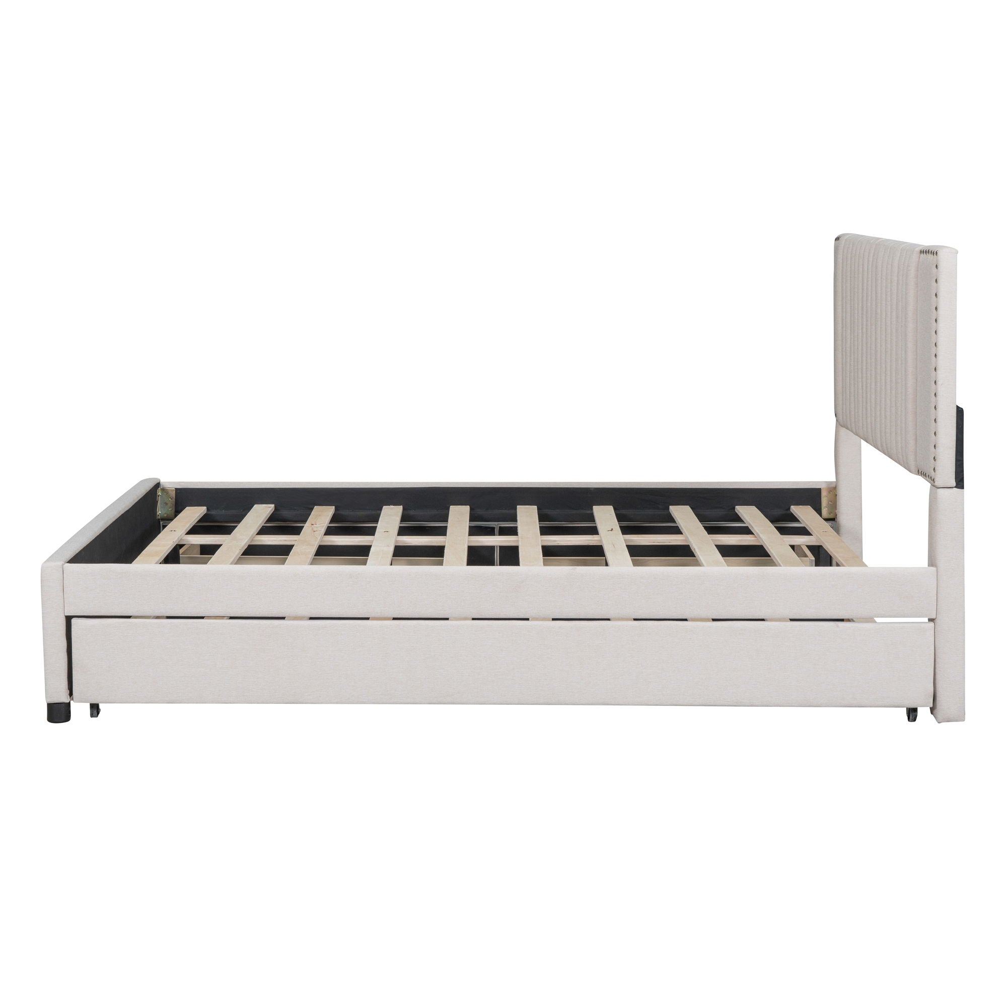 Upholstered Platform Bed With 2 Drawers And 1 Trundle, Classic Headboard Design