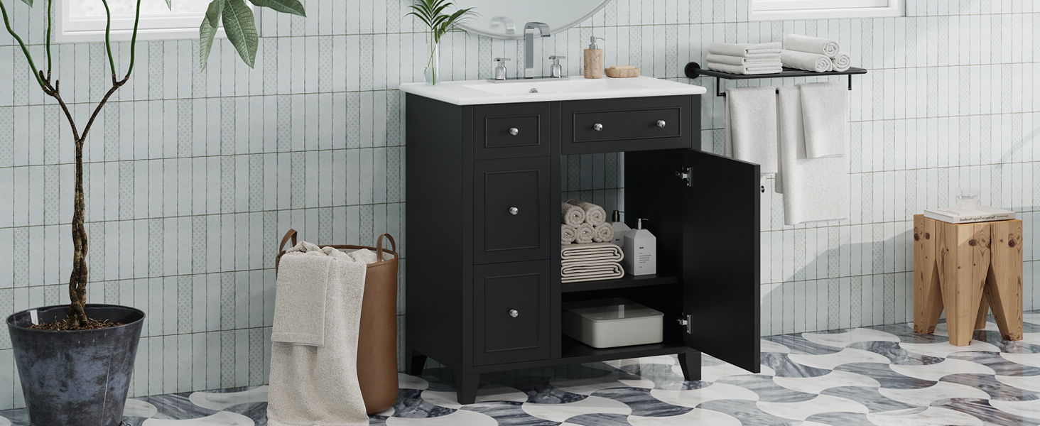 Bathroom Vanity Cabinet With Ceramic Basin, Double-Layer Drawer, Deep Drawer And Adjustable Shelf