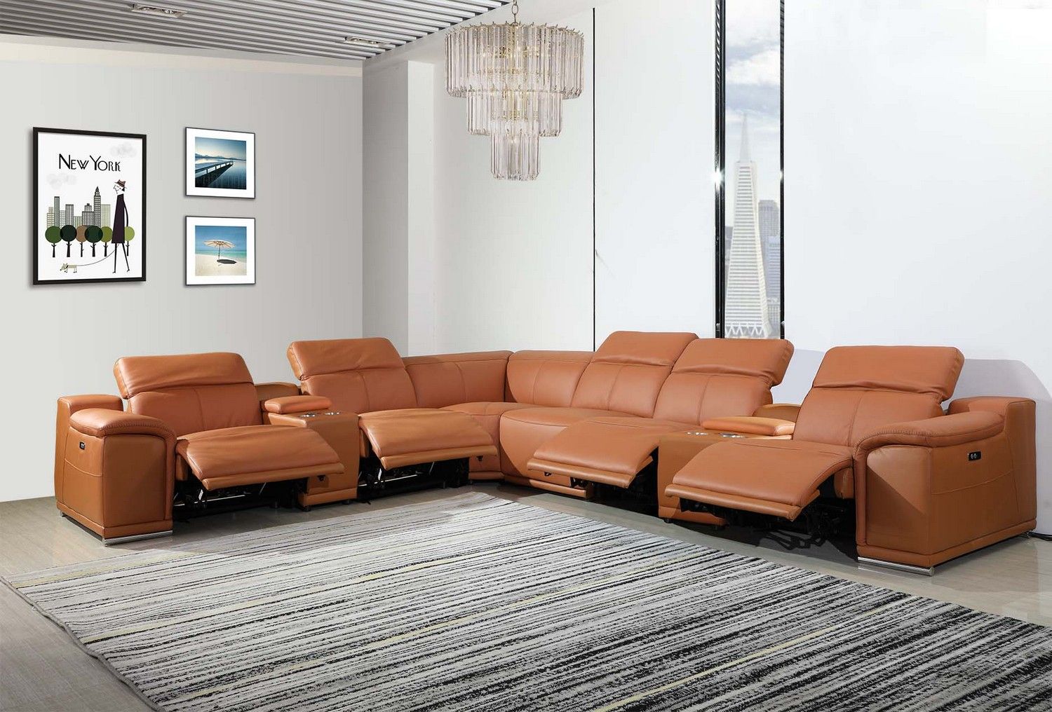 Power Reclining Italian Leather U Shaped Eight Piece Corner Sectional With Console - Camel