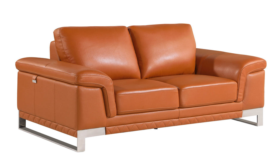 Genuine Leather Love Seat - Silver / Camel