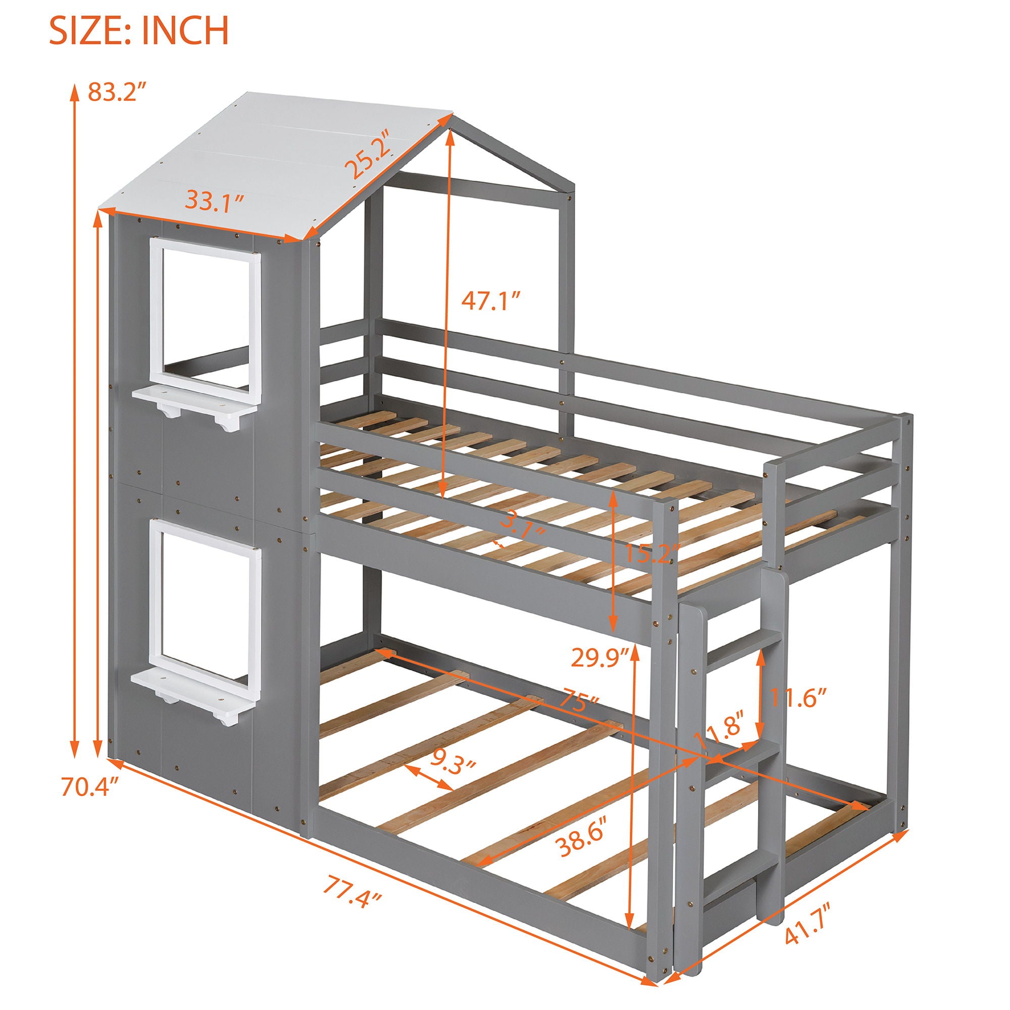 Twin Over Twin Bunk Bed Wood Bed & Roof, Window, Guardrail, Ladder