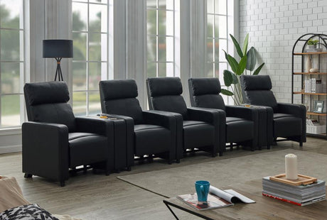 Toohey - Upholstered Tufted Recliner Living Room Set Black 7 Pc. 5 Seats, 2 Console Tables by CoasterEveryday | Bel Furniture