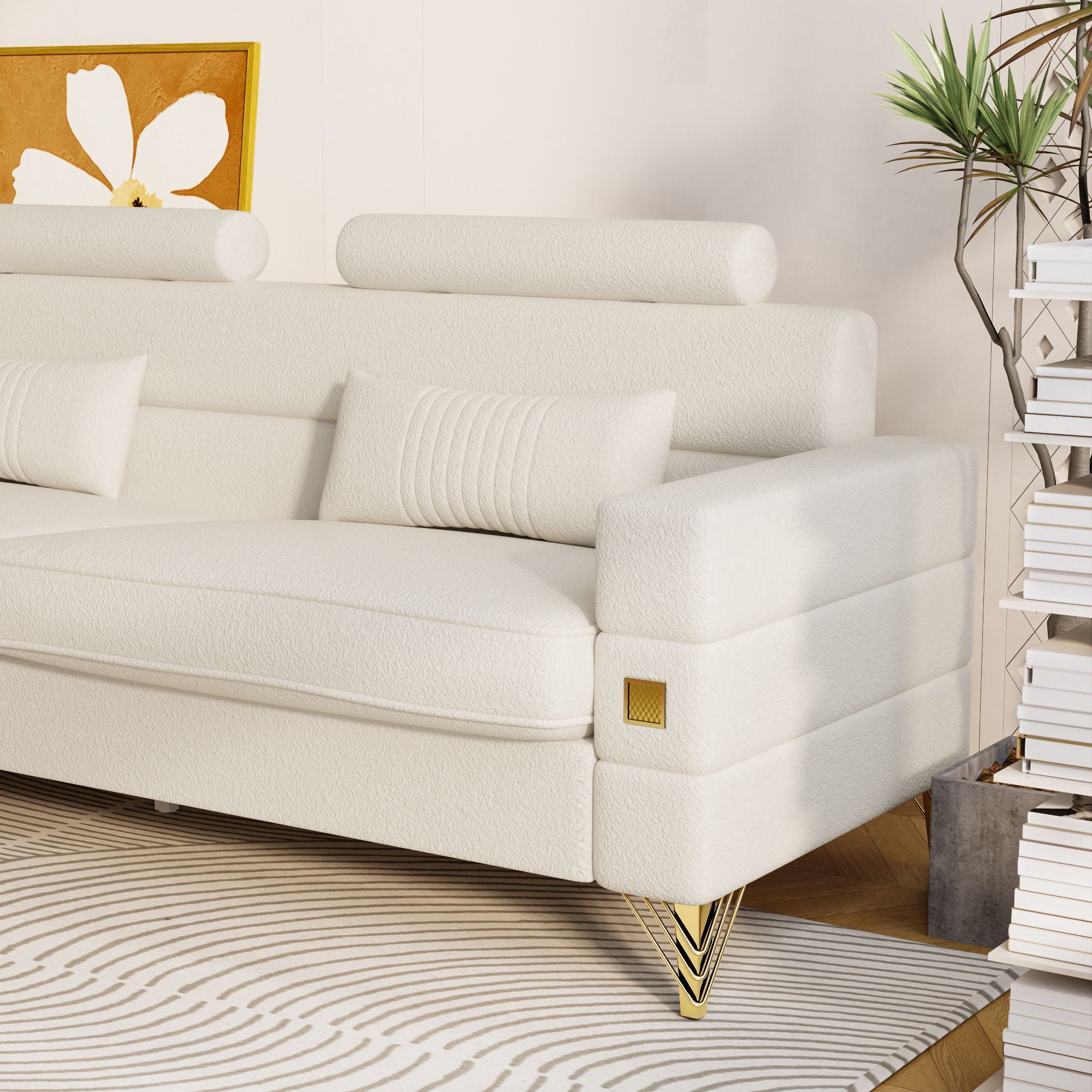 Fx-P15-Wb (Sofa) Elegant Imitation Wool Circle Fabric Sofa With Adjustable Headrests, Contemporary 3-Seat Couch With Gold Legs, Perfect For Living Room And Office Decor (Temu Suitable) - White