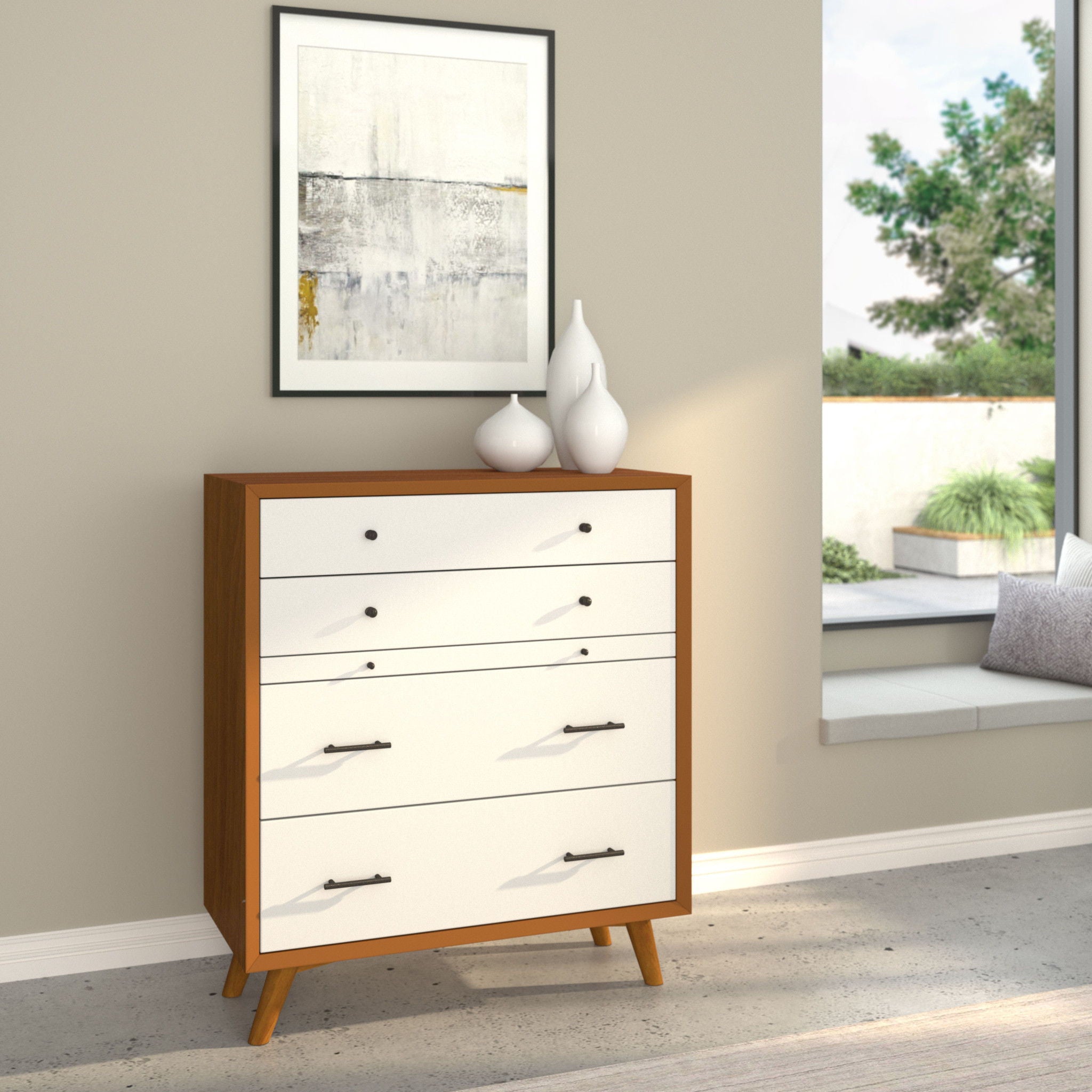 Solid Wood Four Drawer Chest - Brown / White