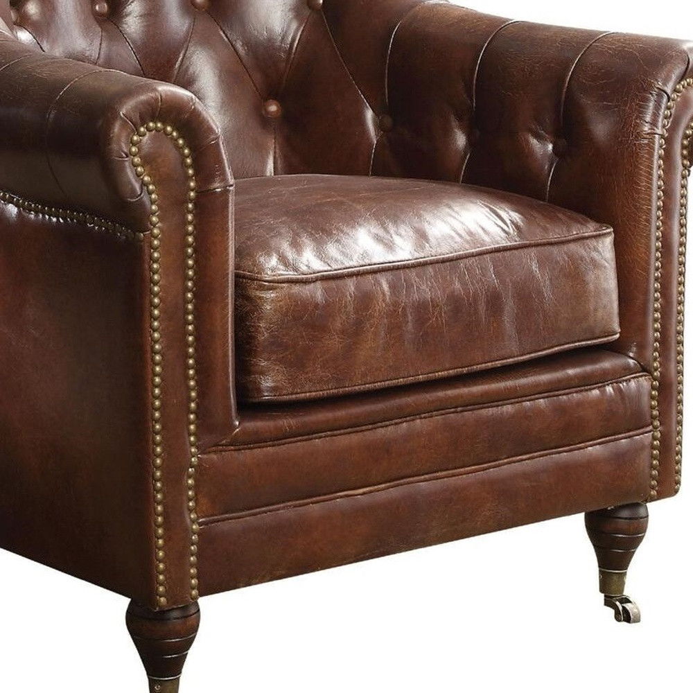 Top Grain Leather Tufted Chesterfield Chair - Brown