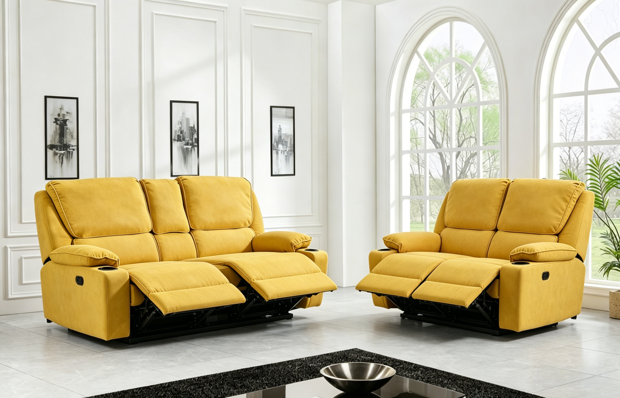 Yellow Manual Reclining Sofa & Loveseat Set with Storage Console and Cup Holders