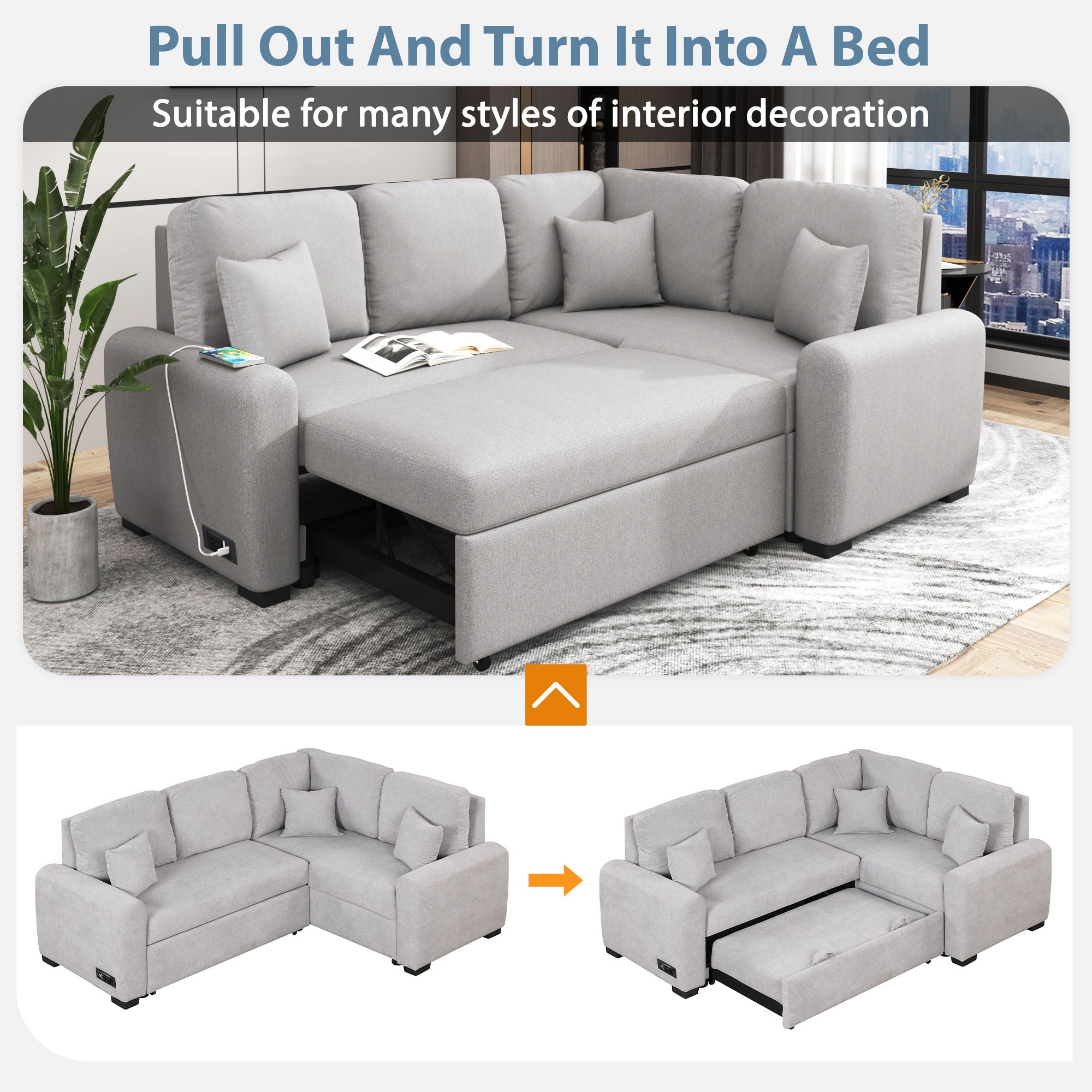 Sectional Sleeper Sofa With USB Charging Port And Plug Outlet, Pull-Out Sofa Bed With 3 Pillows, L-Shape Chaise For Living Room Small Apartment