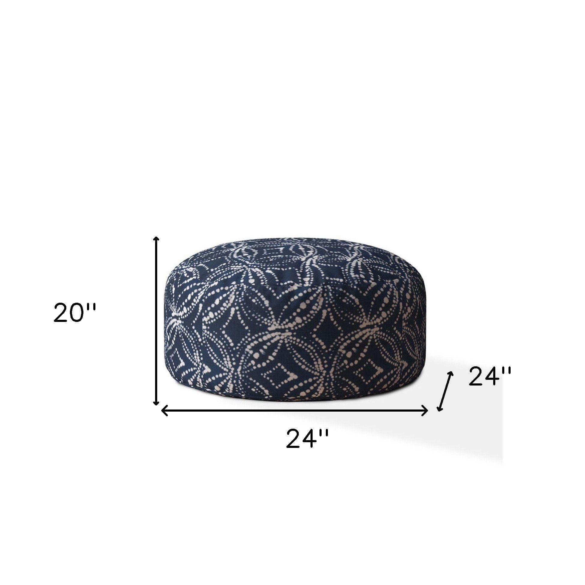 Canvas Round Damask Pouf Cover - Blue / White