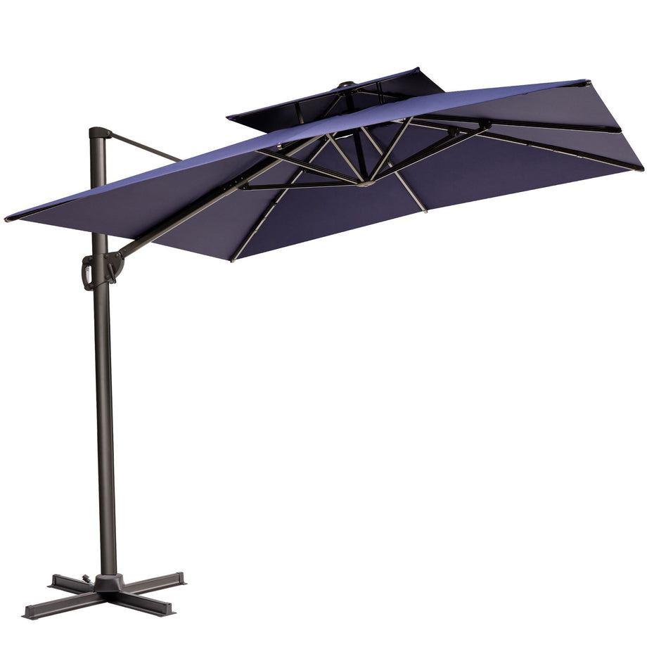 Round, Tilt Cantilever Patio Umbrella With Stand - Navy Blue