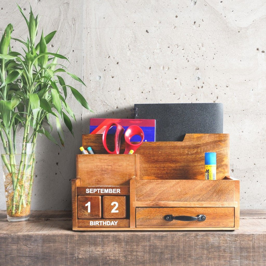 Rustic Wood Desk Or Counter Organizer - Natural