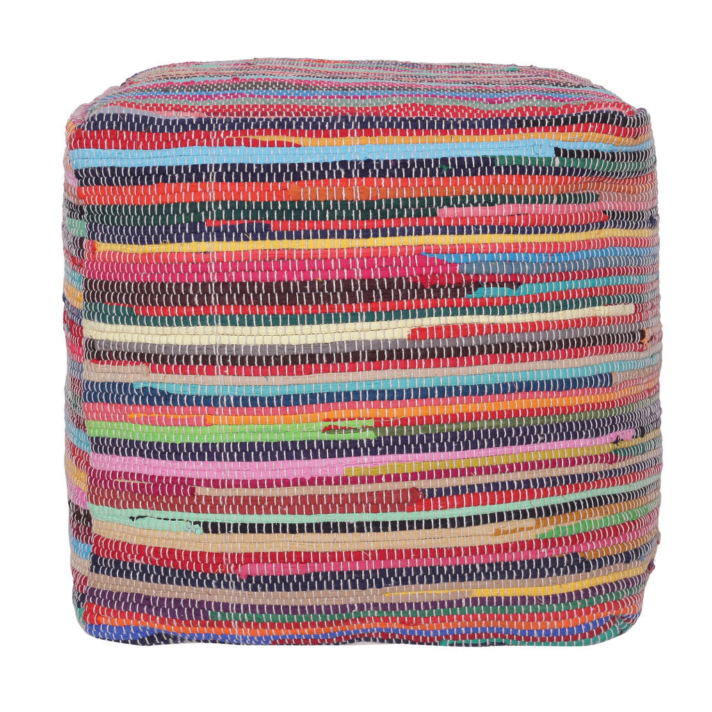 Cotton Cube Striped Pouf Ottoman - Red