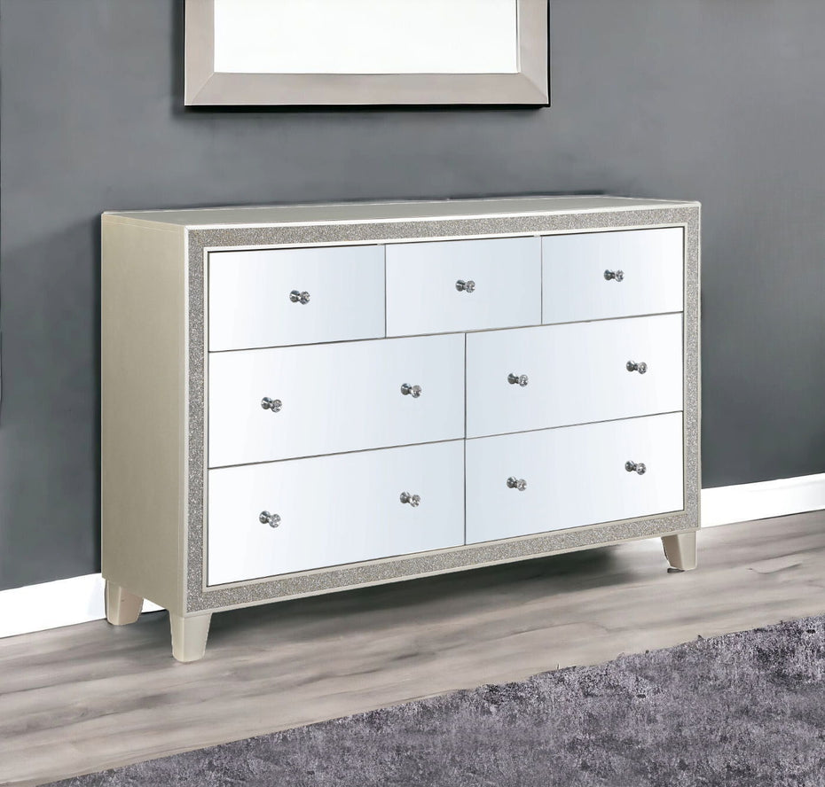 Solid Wood Mirrored Seven Drawer Triple Dresser - Champagne