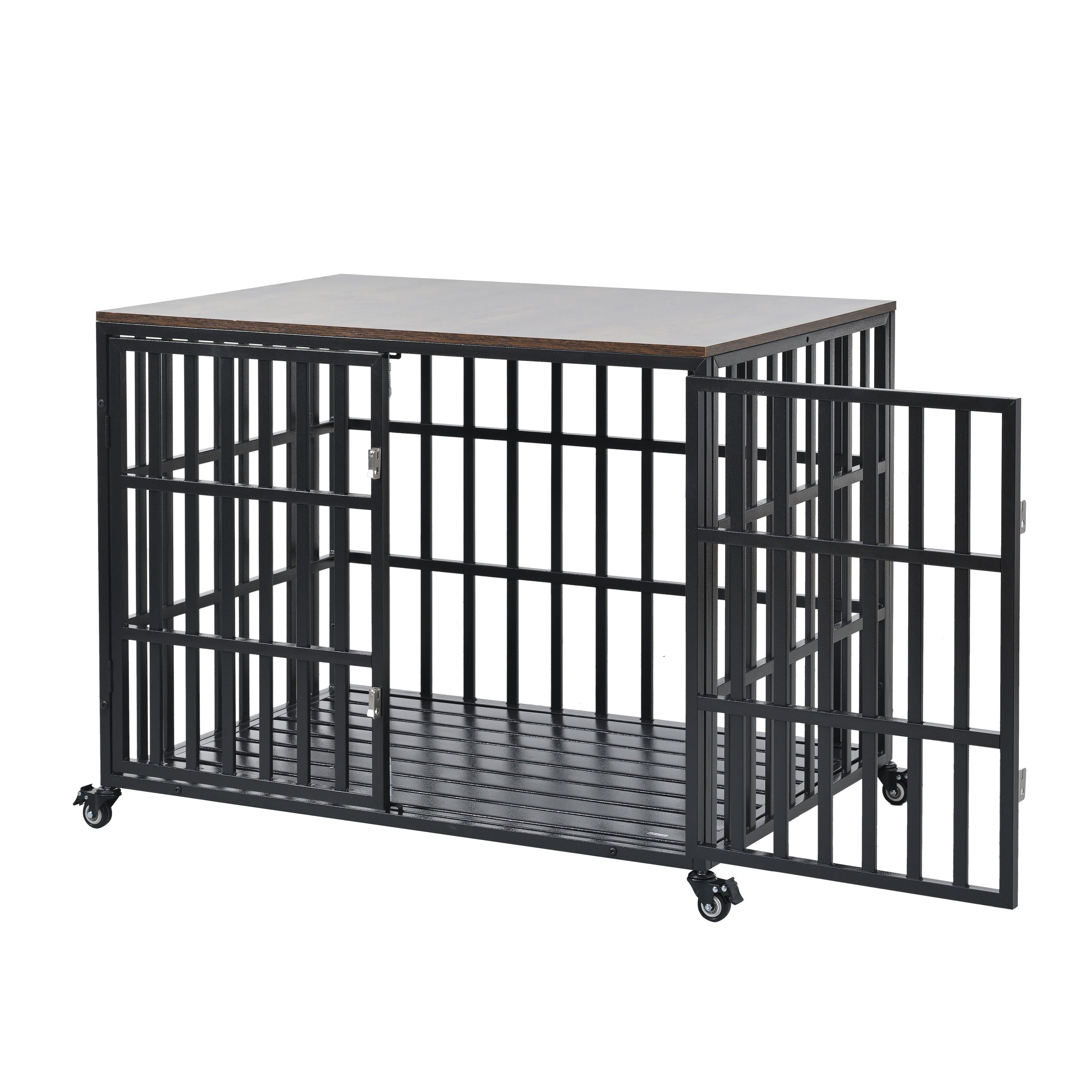 Heavy Duty Dog Crate For Large Medium Dogs, Furniture Style Cage With 4 Lockable Wheels And 2 Locks, Decorative Pet House Wooden Cage Kennel Furniture Indoor - Black