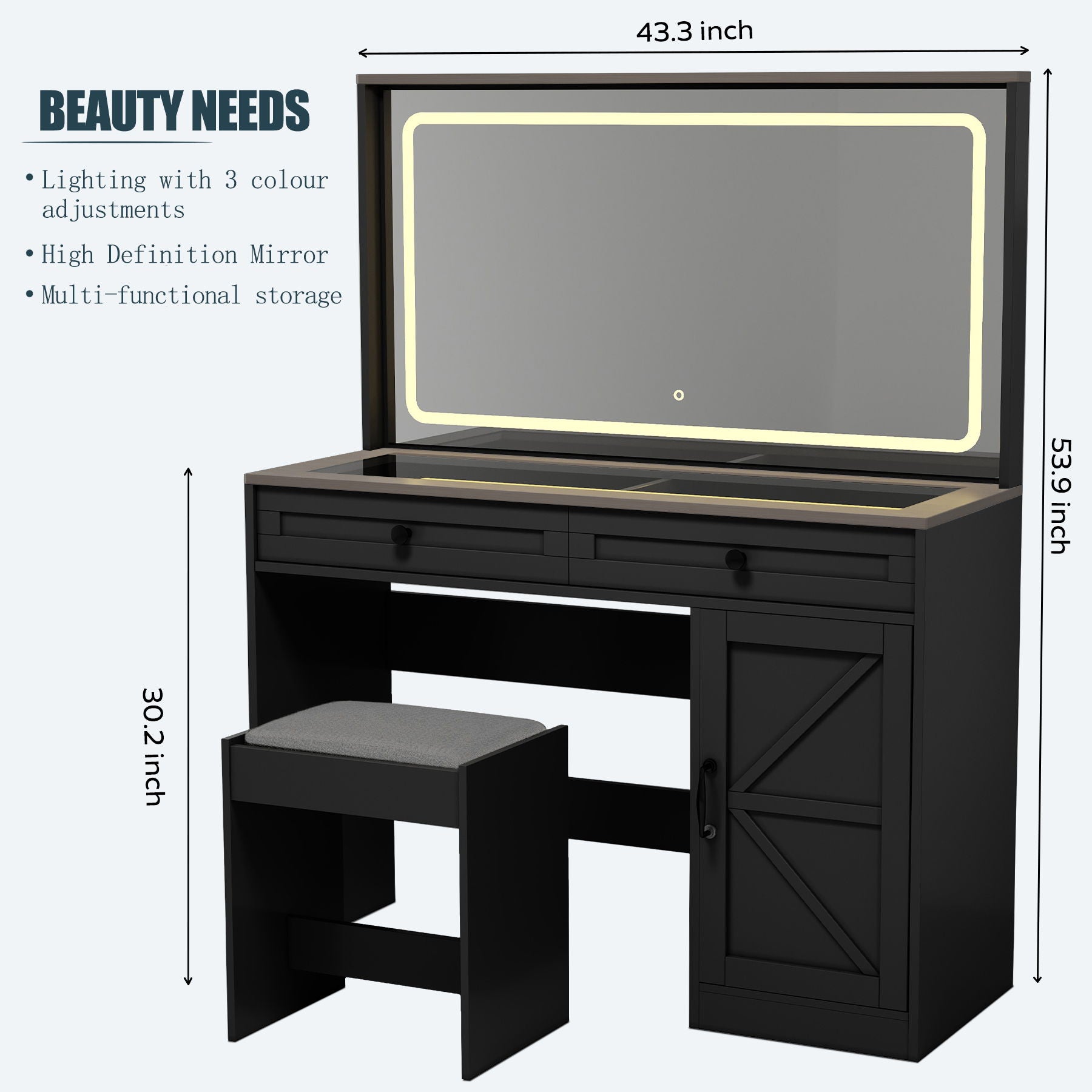 Makeup Vanity Table, Makeup Table With Large Mirror And LED Light Strip, Brightness Adjustable, Dressing Table Desk With 3 Drawers, Vanity Desk For Women (With Stool)