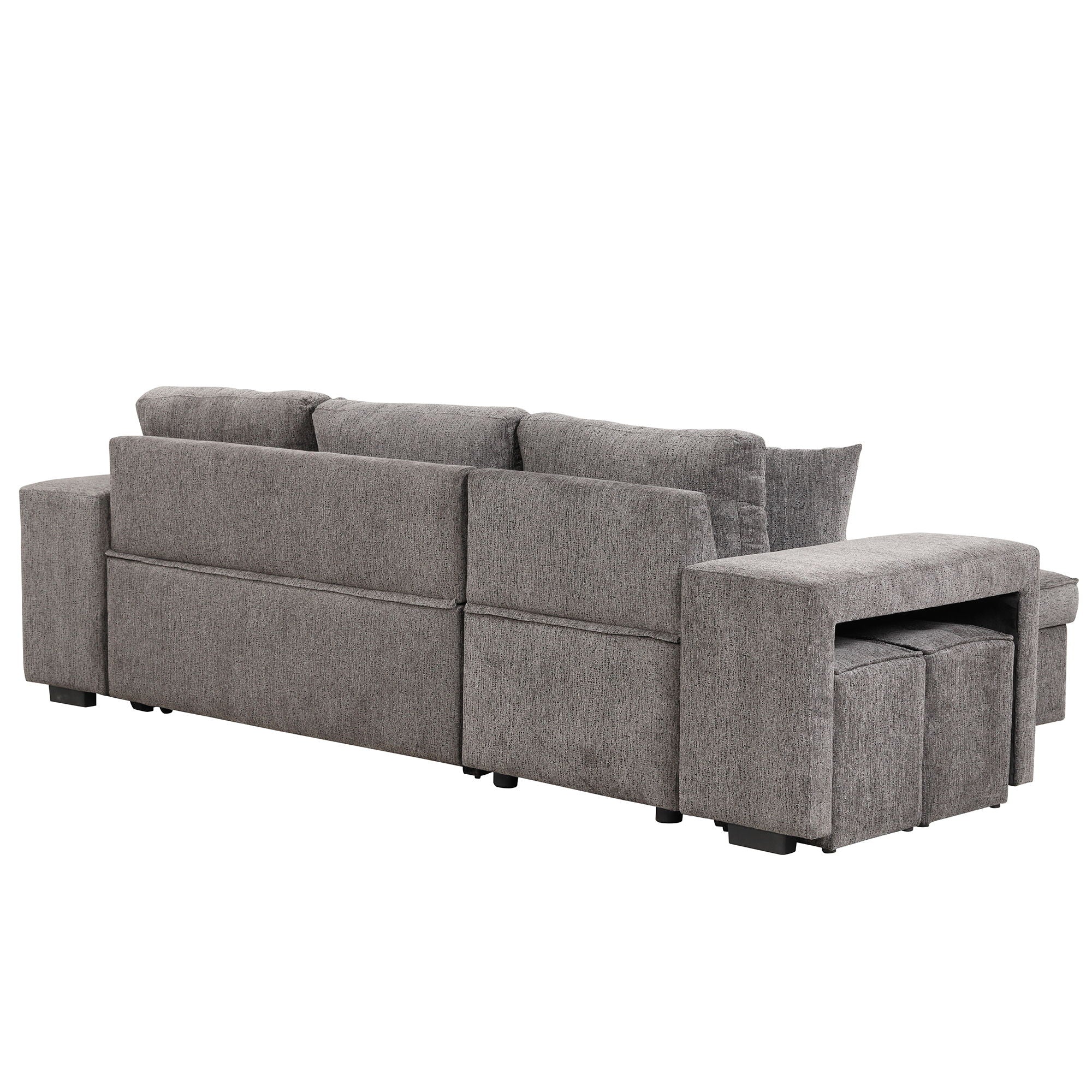 Modern L-Shape 3 Seat Reversible Sectional Couch, Pull Out Sleeper Sofa With Storage Chaise And 2 Stools For Living Room Furniture Set