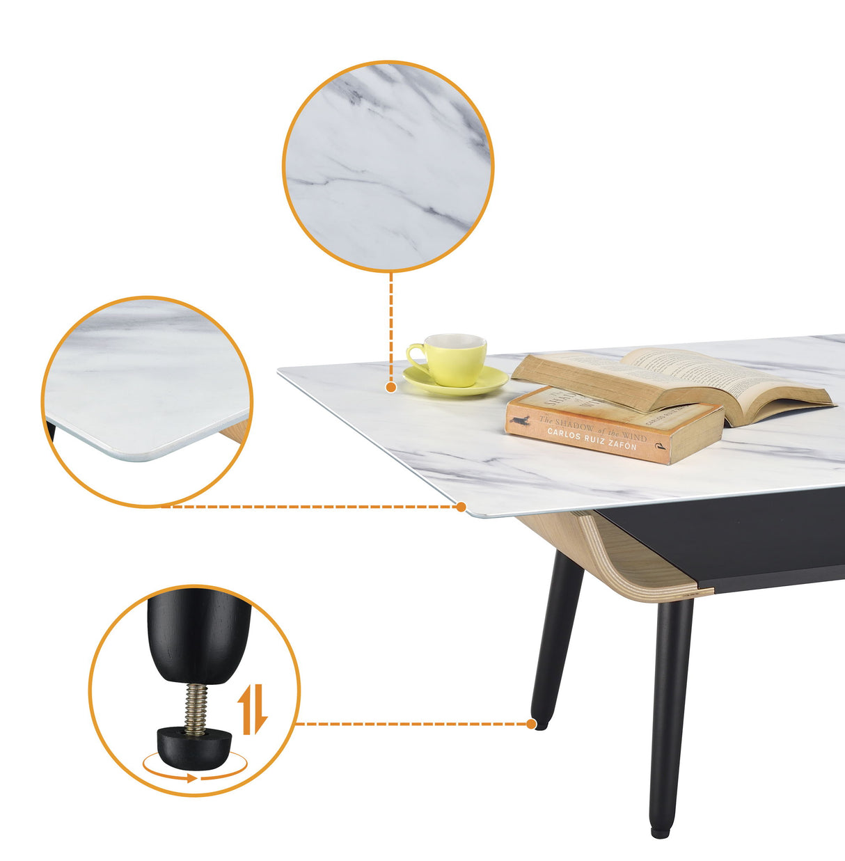 Landon - Coffee Table With Glass Marble Texture Top And Bent Wood Design by Lilola Home | Bel Furniture