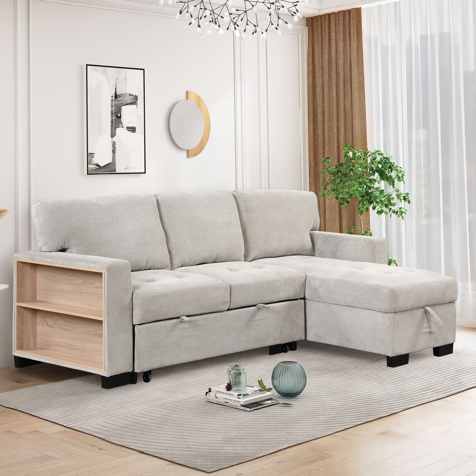 Stylish And Functional Light Chaise Lounge Sectional With Storage Rack Pull-Out Bed Drop Down Table And USB Charger