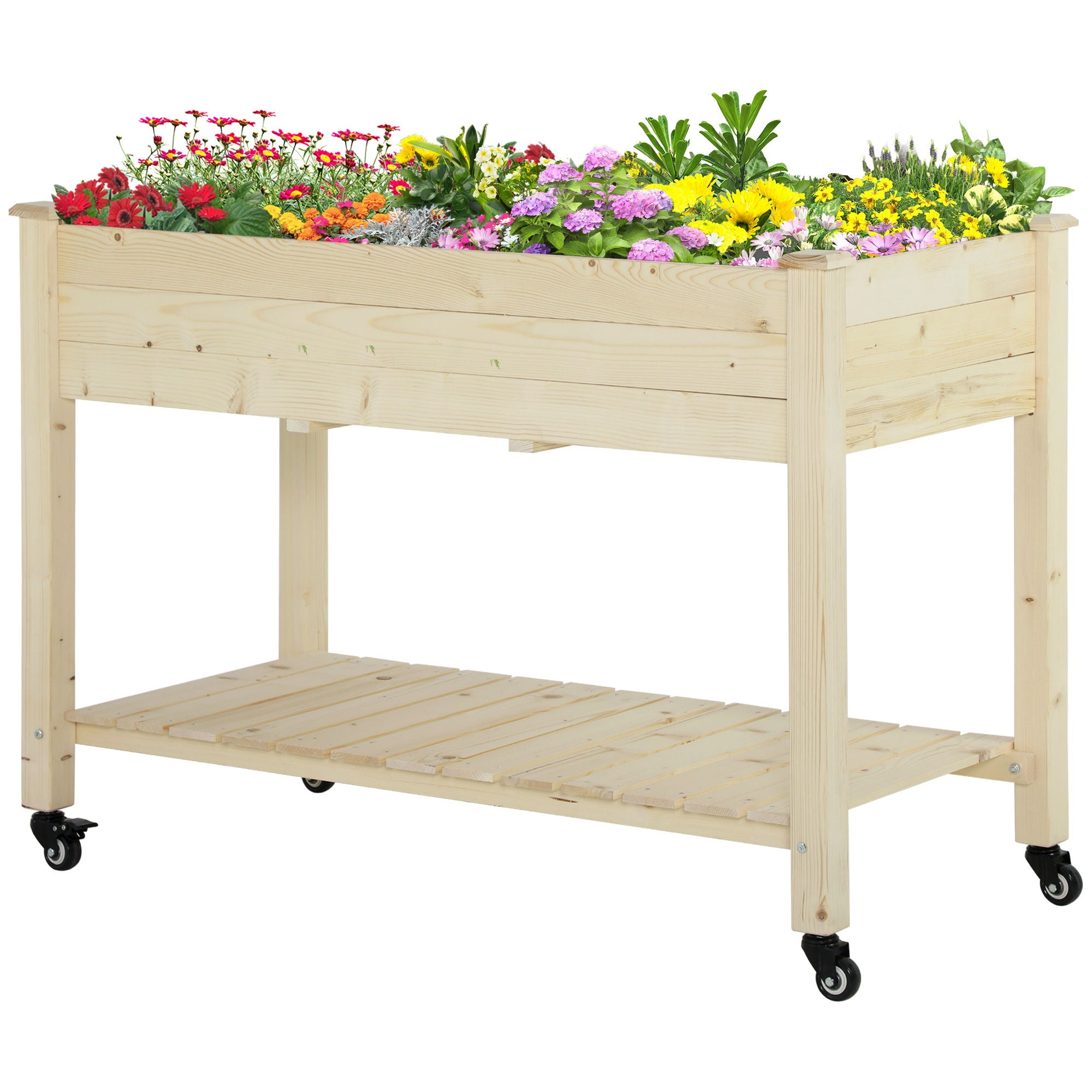 Outsunny - Raised Garden Bed, 47" x 22" x 33", Elevated Wooden Planter Box With Lockable Wheels, Storage Shelf, And Bed Liner For Backyard, Patio - Natural