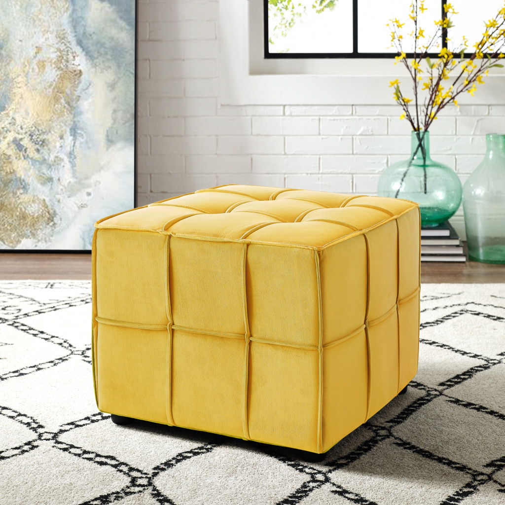 Velvet Cube Ottoman - Yellow / Black