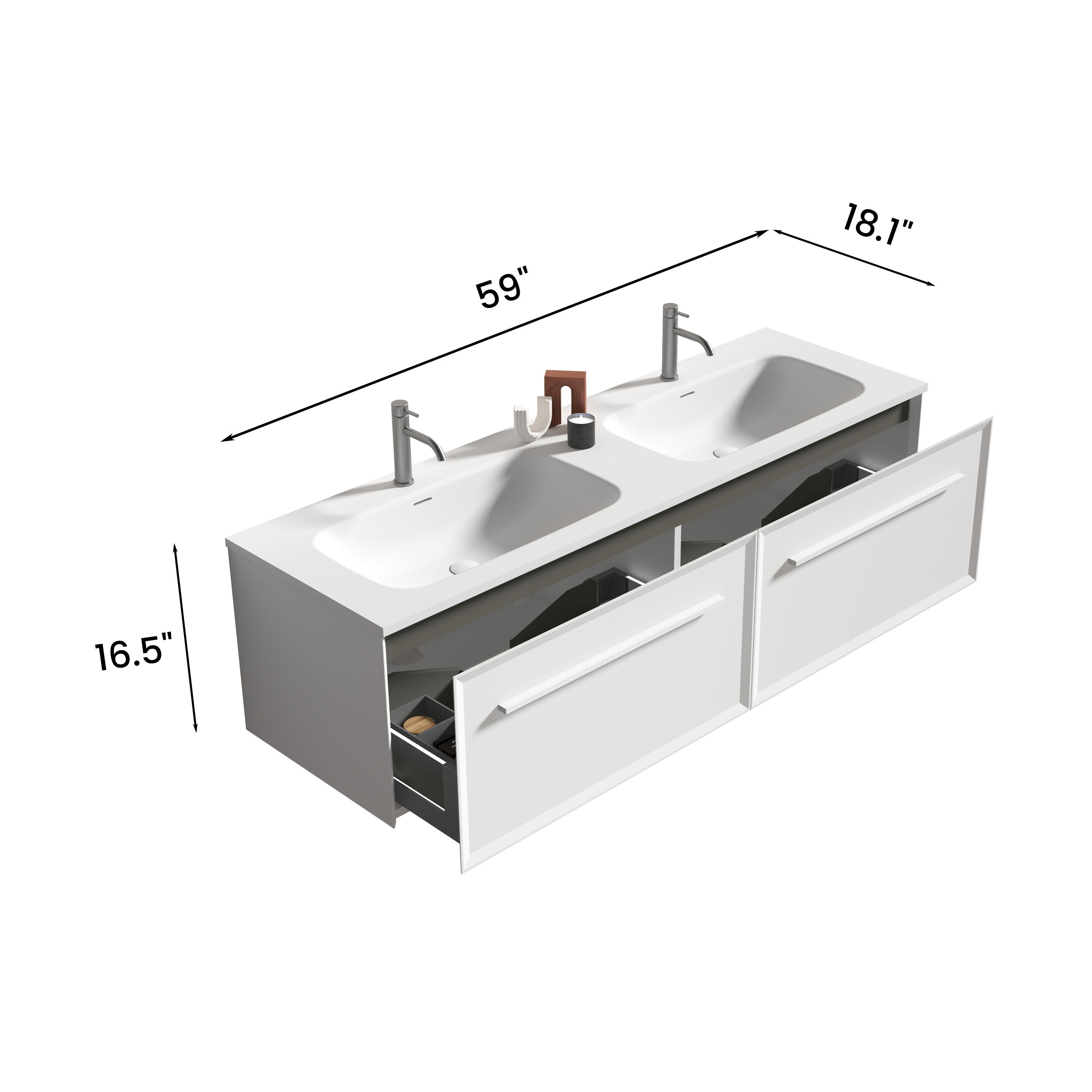 U052-Nevia60W-206 Nevia Bathroom Vanity With Automatic LED Drawer Light, Wall Mounted Bathroom Vanity With Integrated Solid Surface Sink, Without Drain - Snow White