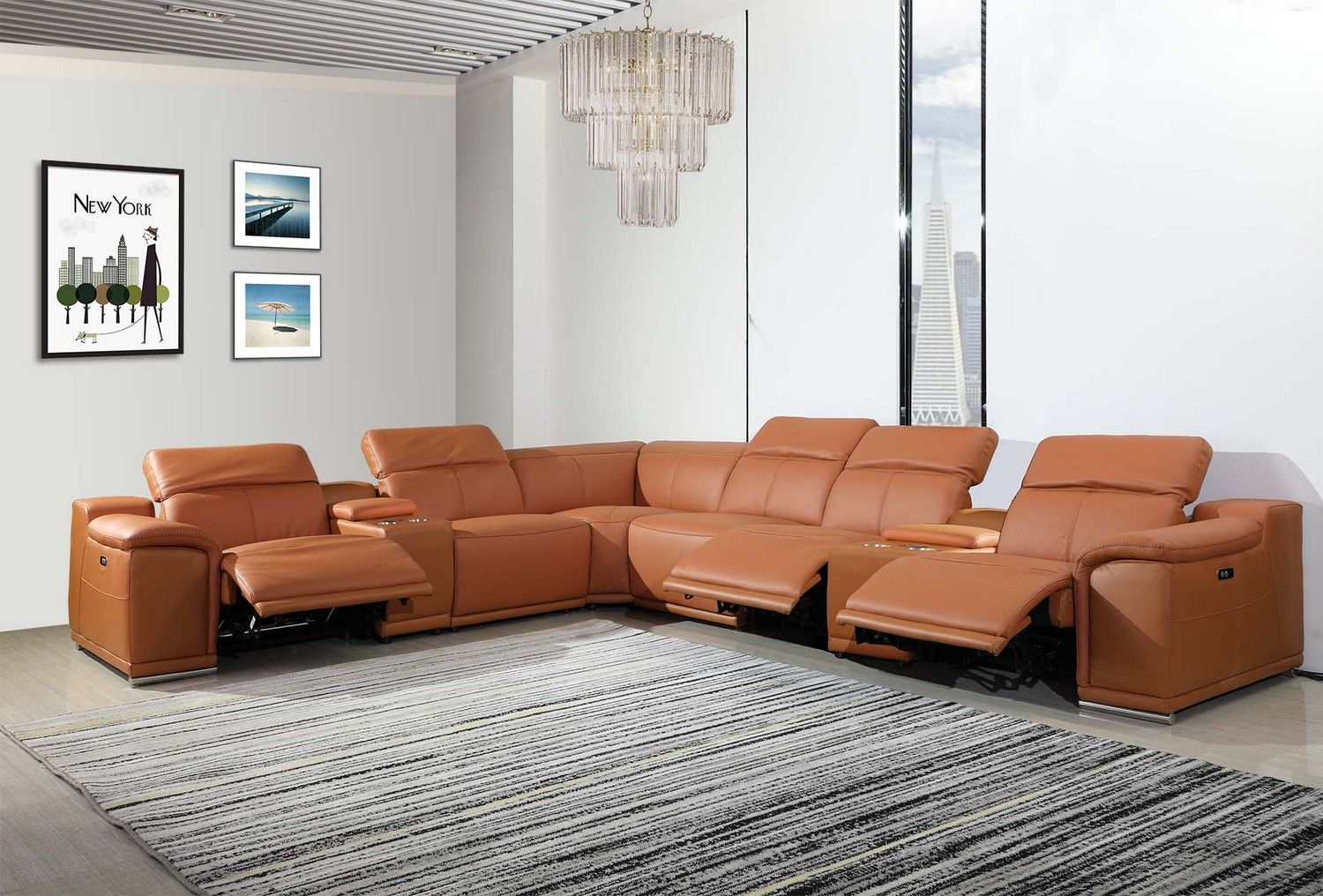 Italian Leather Power Reclining U Shaped Eight Piece Corner Sectional With Console - Camel