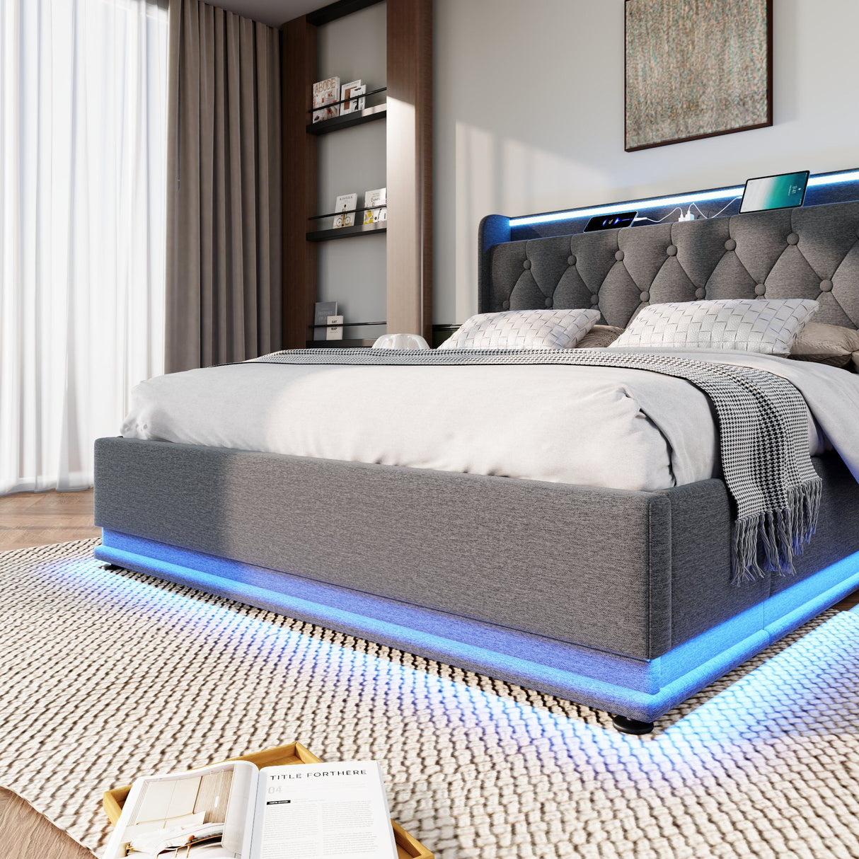 Upholstered Bed, 360 Surround LED Function, Remote Control, Hydraulic Storage Bed With USB, Type-C Charging (Without Mattress)