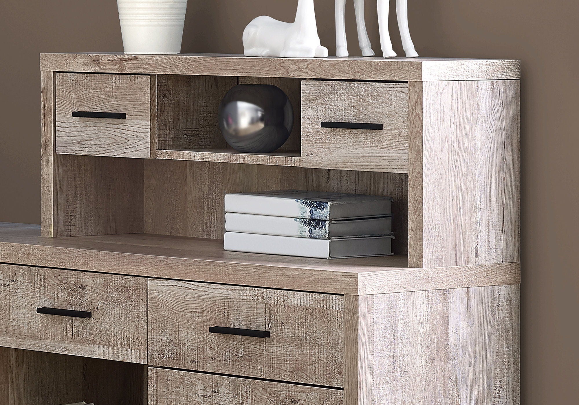 L Shape Computer Desk With Eight Drawers - Taupe