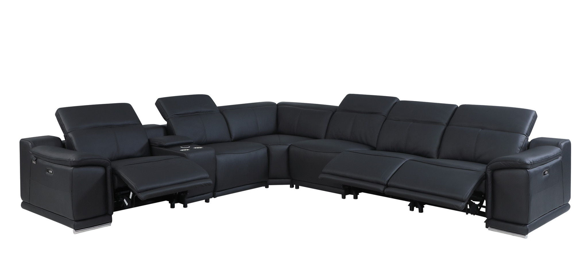 Italian Leather Power Reclining U Shaped Seven Piece Corner Sectional With Console - Black