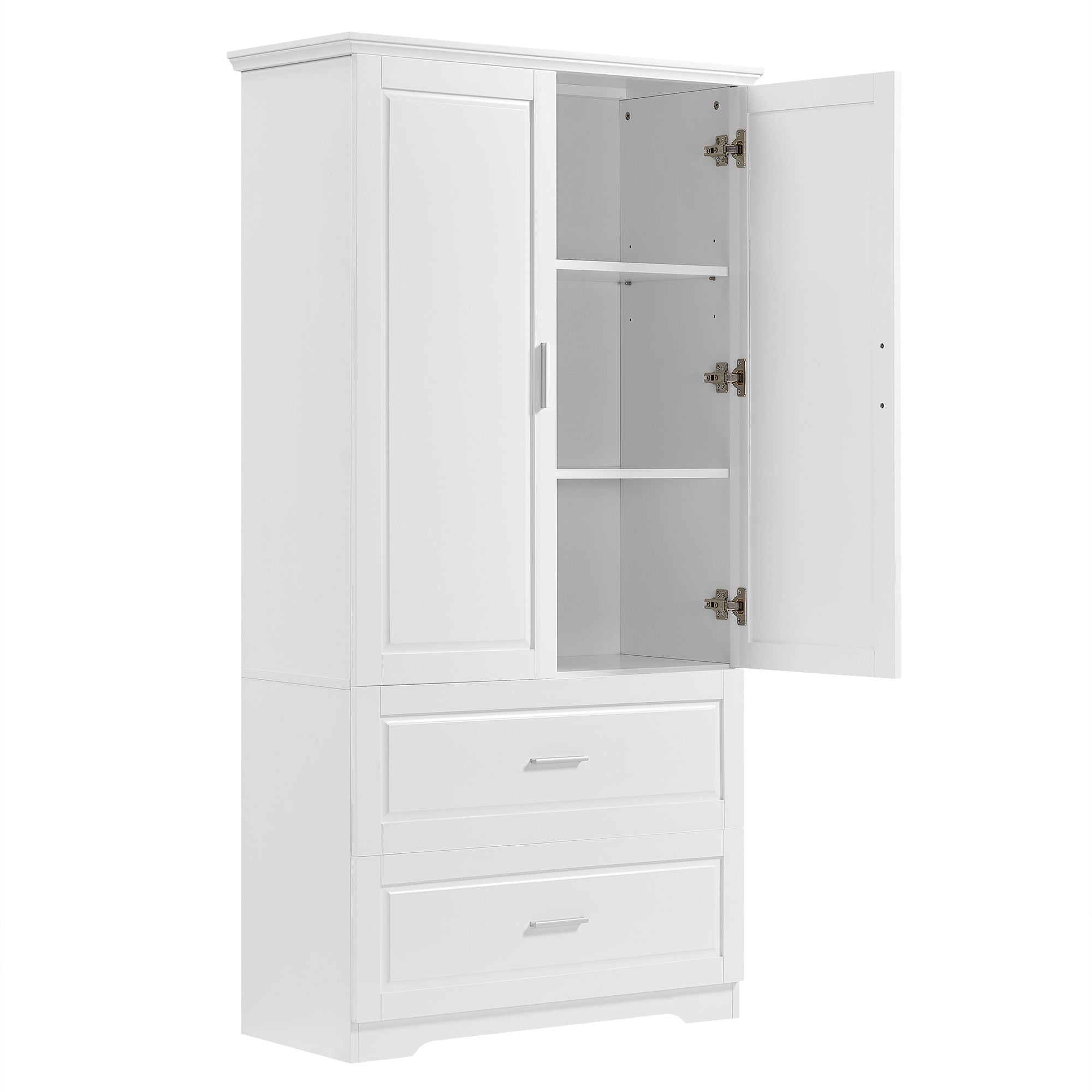 Tall Bathroom Storage Cabinet, With Two Doors And Drawers, Adjustable Shelf, MDF Board - White