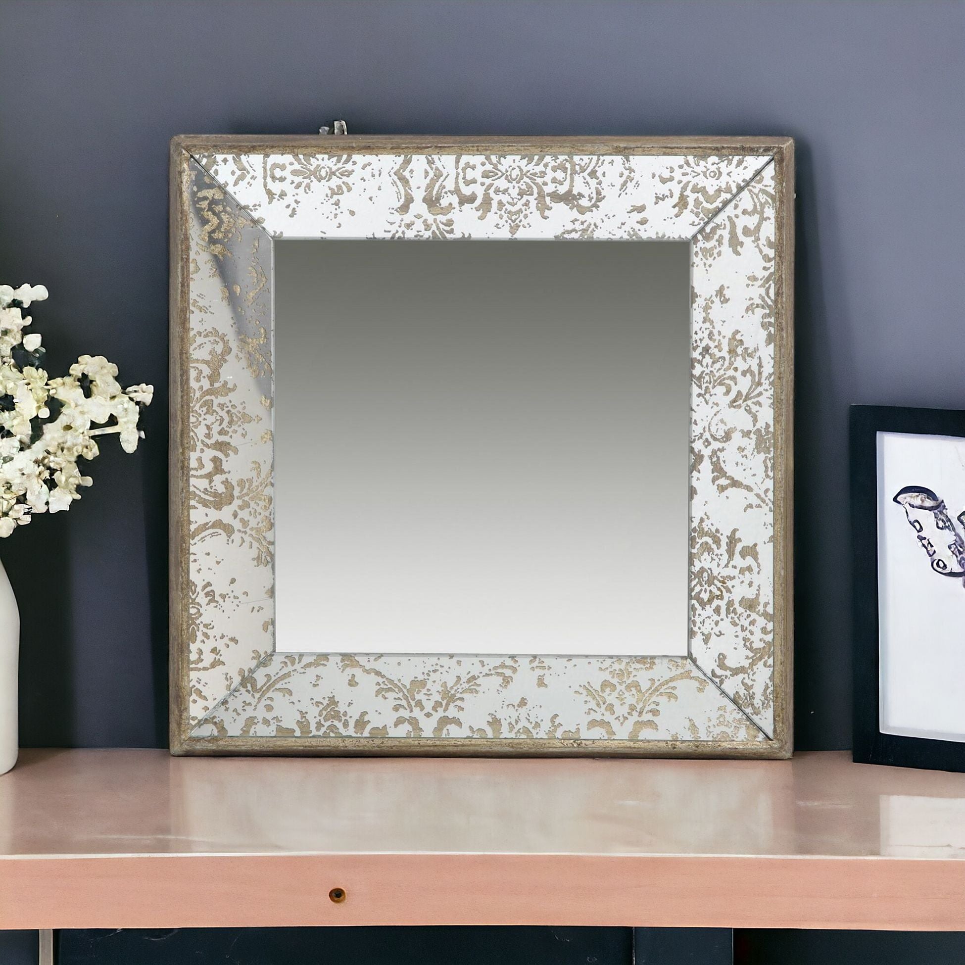 24" Square Vintage Style Wall Mounted Accent Mirror - Silver