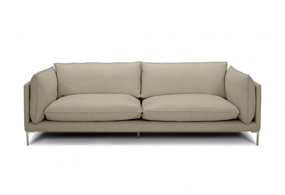 Top Grain Leather Sofa With Silver Legs - Taupe